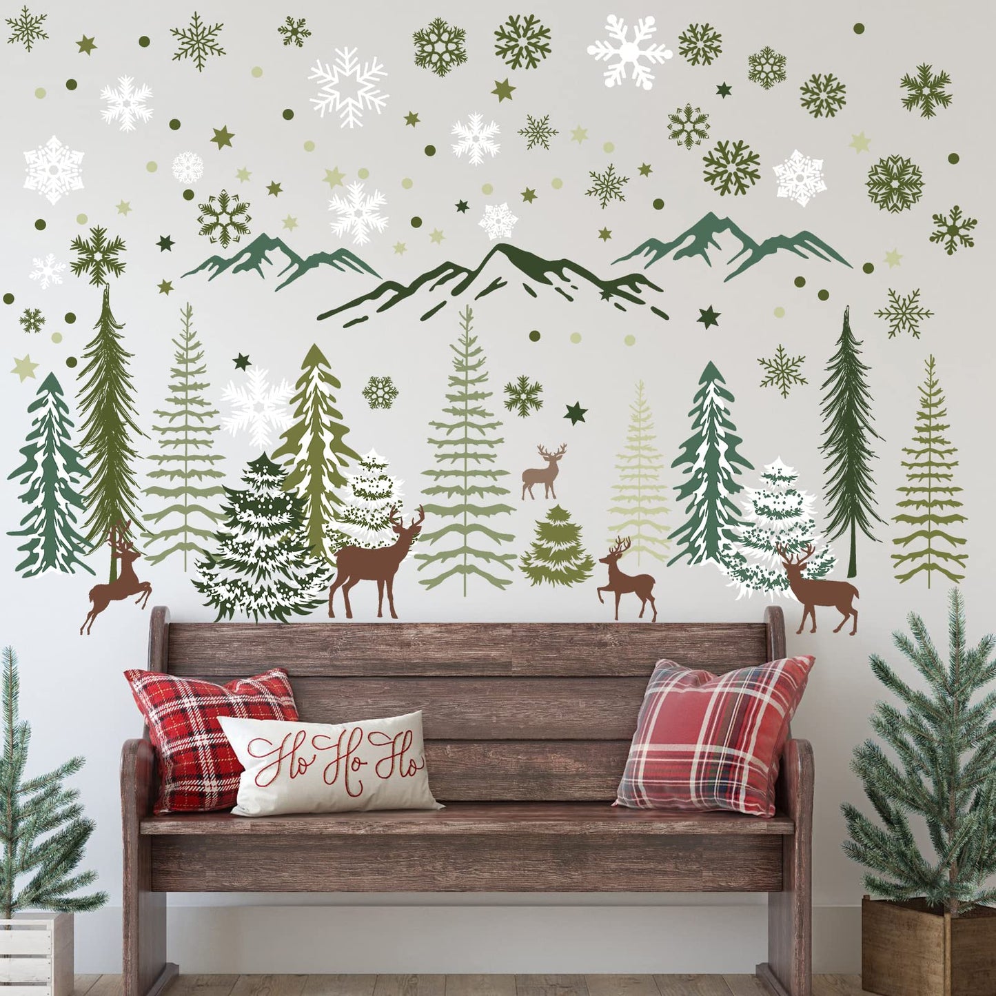 Teling 8 Pieces Winter Snowflake Wall Decals Stickers Dreamy Nursery Forest Woodland Trees Deer Pine Tree Wall Decals for Kids Room Winter Decor(Green, Brown)