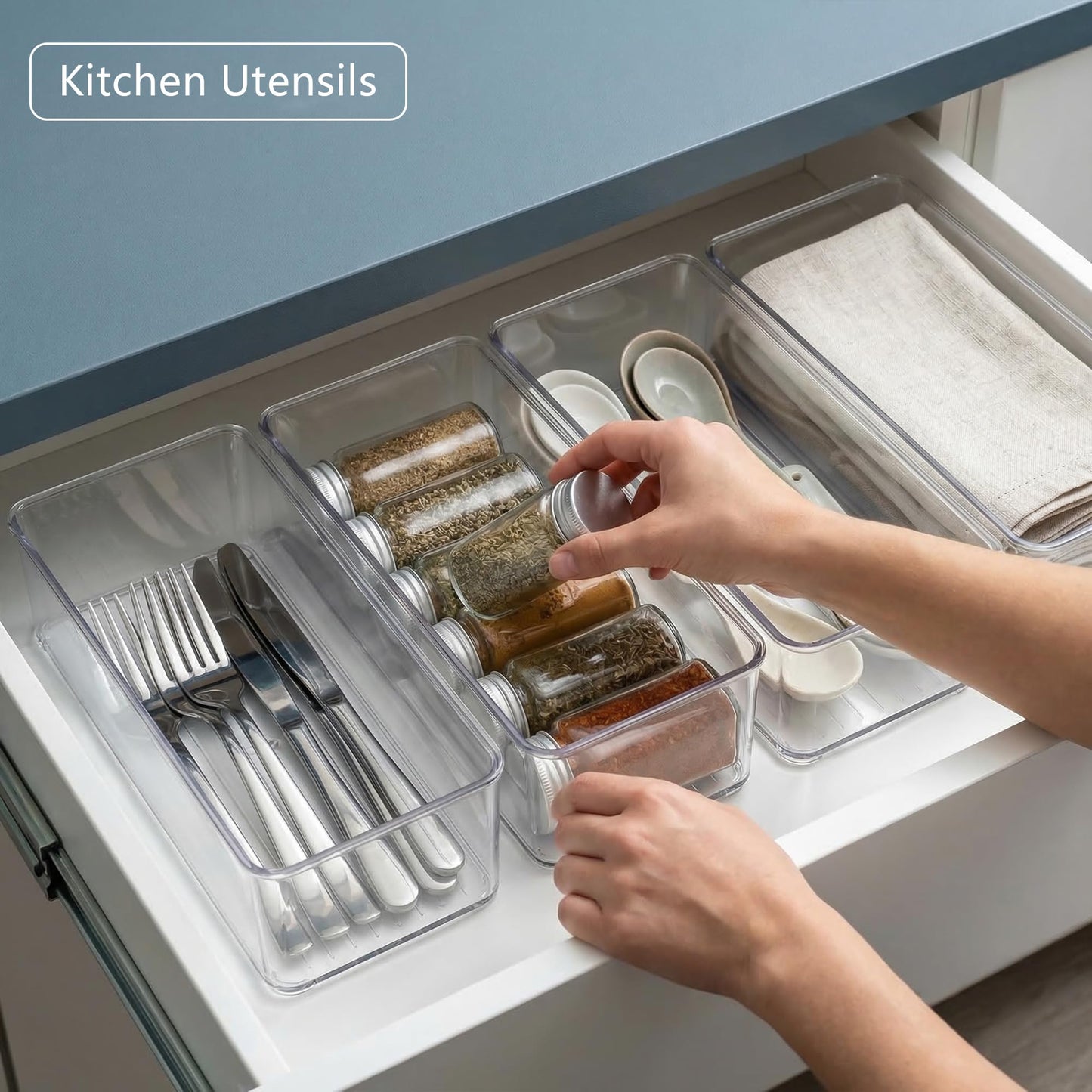 Qilinba 8 PACK Drawer Organizer Bins Bathroom Deep Drawer Organizer Tray for Cutlery Vanity Make-up, Clear Stackable Storage Bins for Kitchen Cabinet Closet Counter Organization and Storage