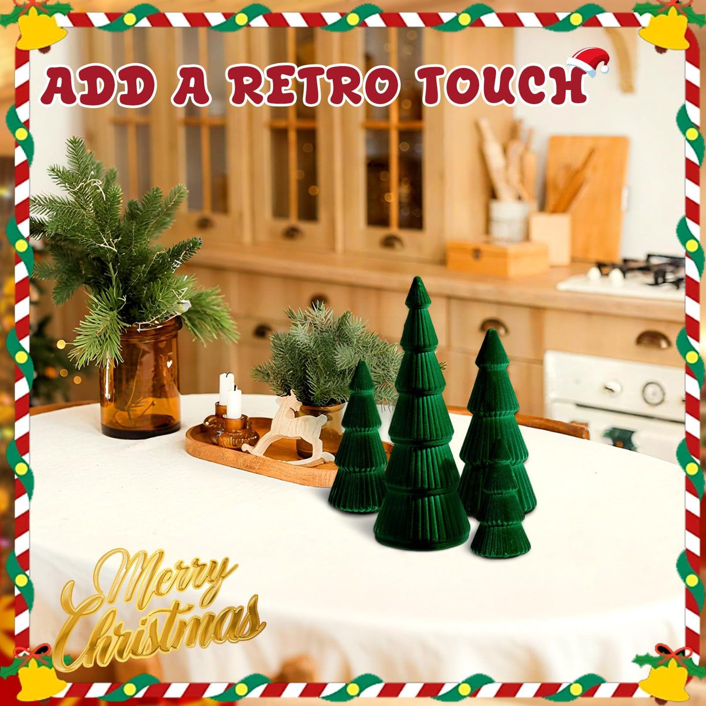5 Pieces Christmas Velvet Trees Set Modern Christmas Decor 4 Szies Christmas Velvet Cone Trees Table Decoration Winter Decoration for Entryway Mantle Farmhouse(Green)