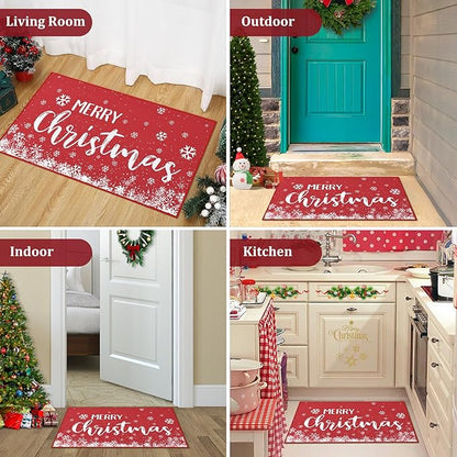 CAROMIO Christmas Doormat 20 x 32 Inch Xmas Holiday Decorative Christmas Snowflake Welcome Mat for Home Decoration Non Slip Door Mat Outdoor Indoor Entrance Floor Mat, Red