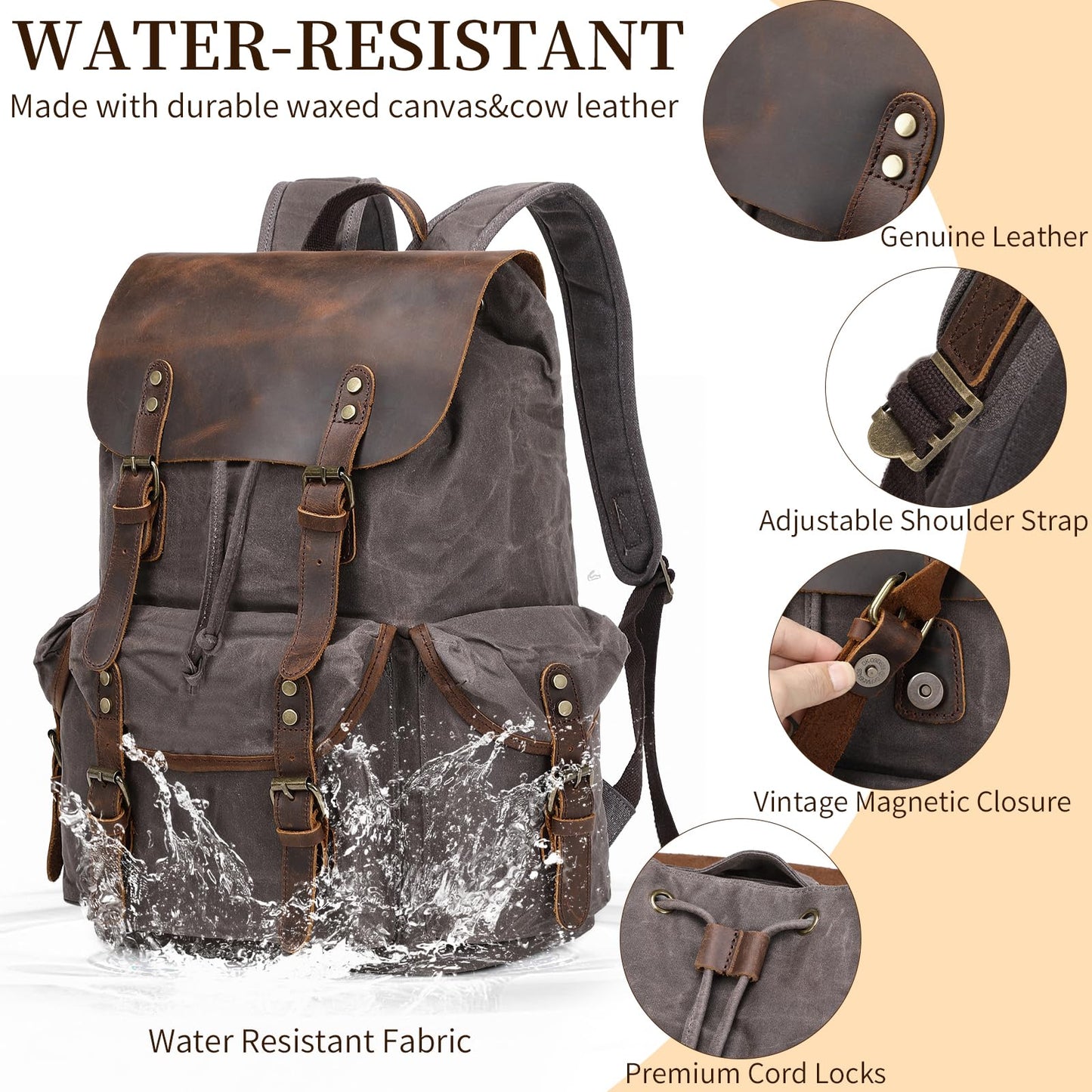 Yamons Genuine Leather Backpack for Men, Waxed Canvas Backpack Shoulder Rucksack with Toiletry Vintage Backpack for Travel,Camping, Hiking(Grey)