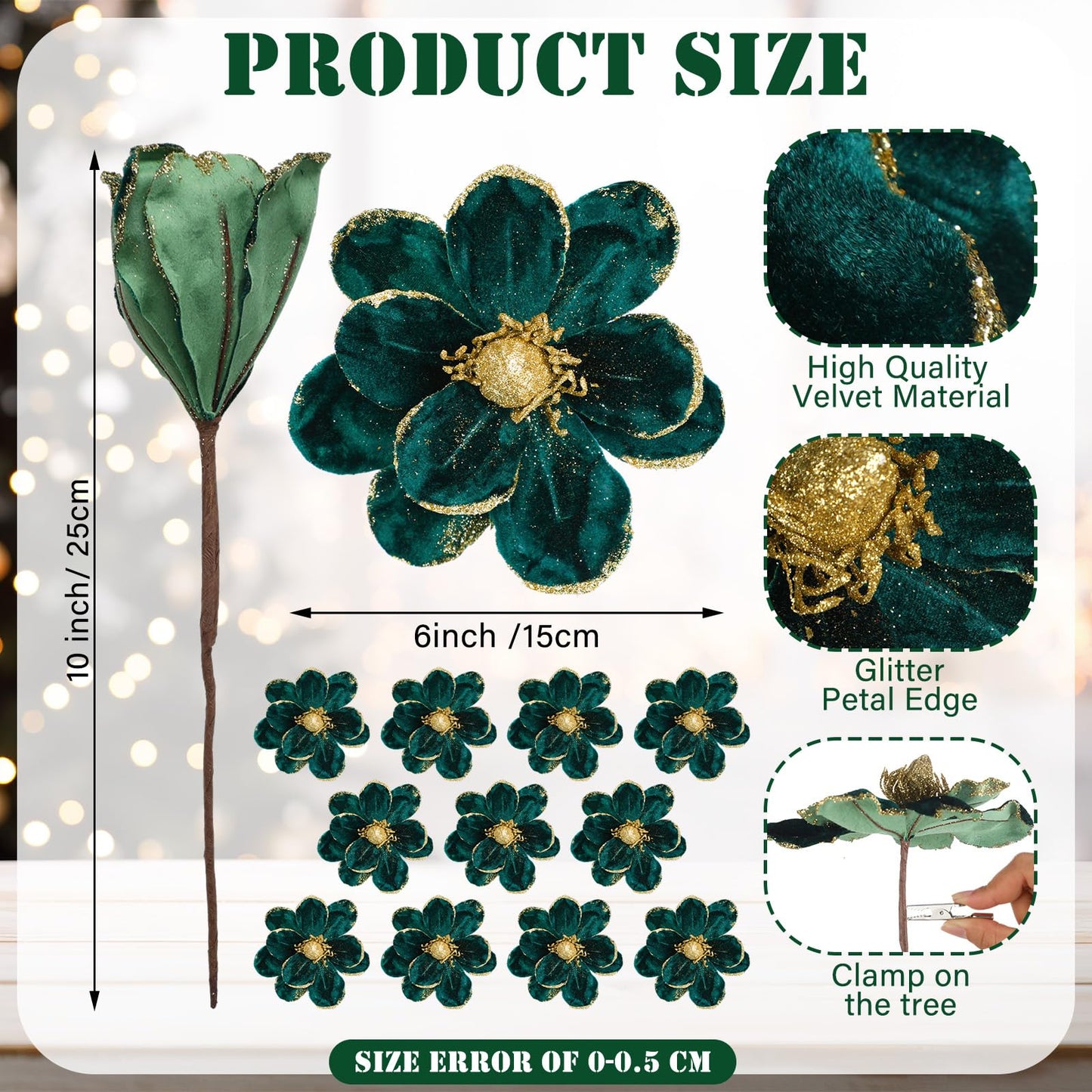 XunYee 10 Pcs Dark Green Velvet Christmas Glitter Flowers Magnolia Artificial Poinsettia Flower Christmas Tree Ornaments Velvet Floral Picks with Clips for Xmas DIY Wreath Decor, 6 Inch