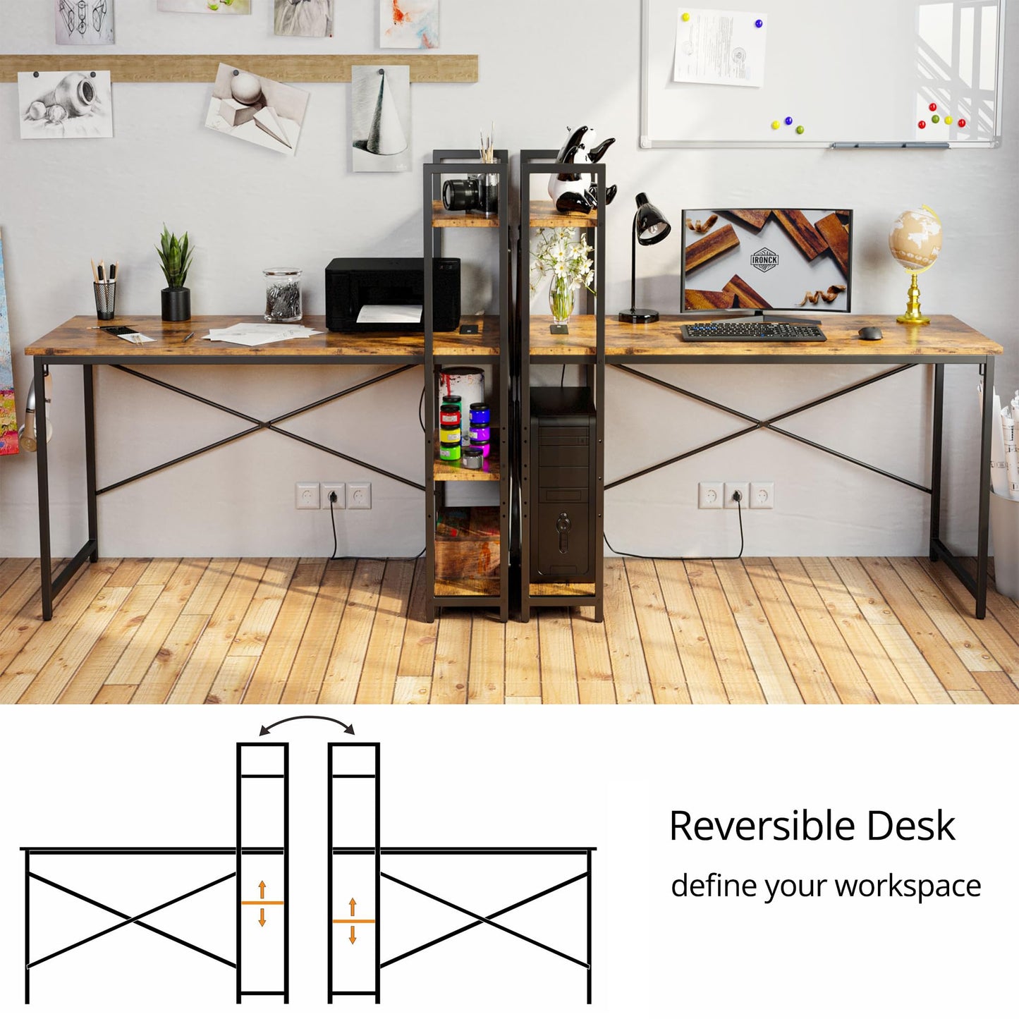 IRONCK Computer Desk 47" with Power Outlet and Storage Shelves, Study Writing Table with USB Ports Charging Station, PC Desk Workstation for Home Office, Rustic Brown