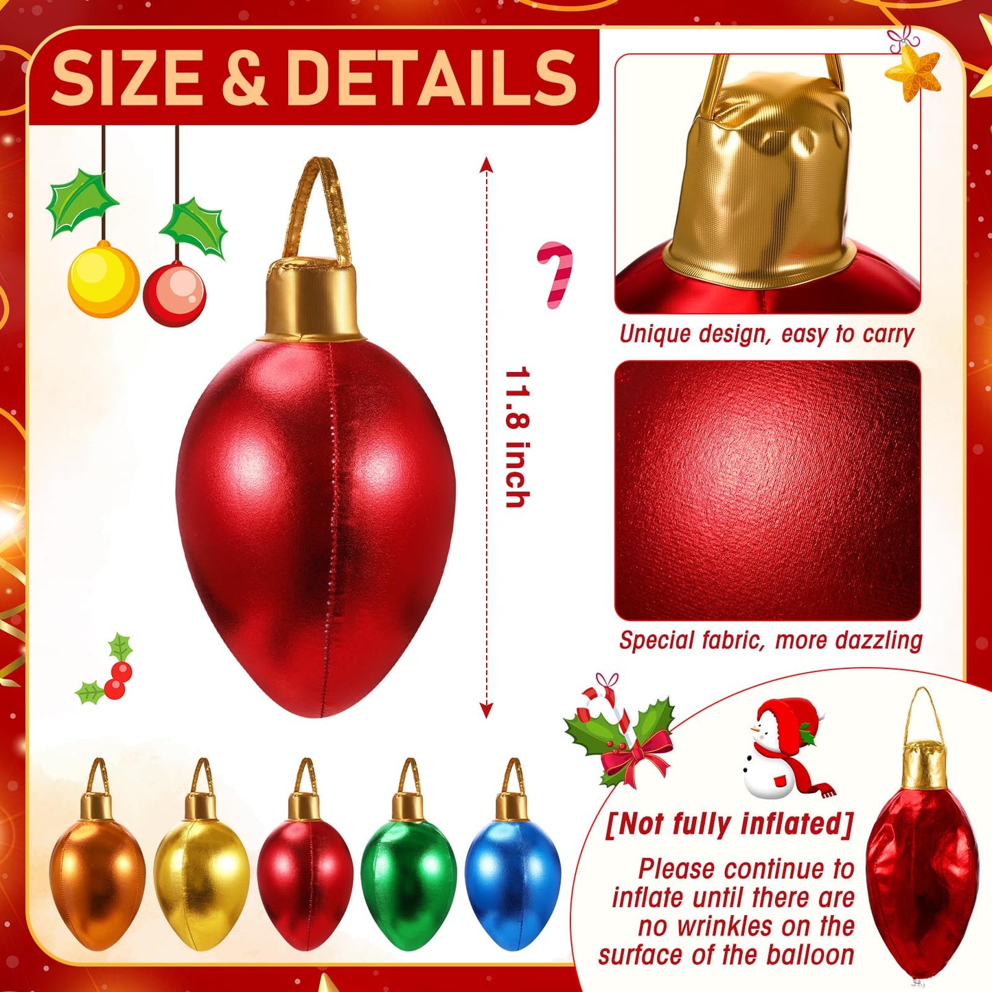 Charnoel 10 Pack 12" Christmas Inflatable Bulb Ornament with Glitter Cloth Cover, Giant PVC Xmas Blow Up Ornaments Holiday Blow Bulb for Yard Outdoor Lawn Porch Decorations (Classic)