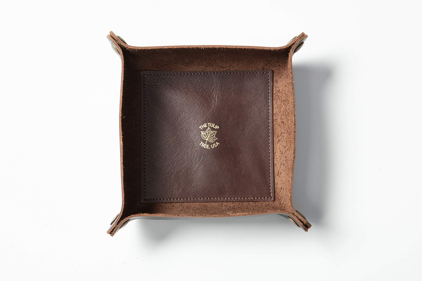 American Made Premium Leather Valet Tray, Folds Flat! Dice Rolling Basket and Organizer with Brass Rivets (Dark Walnut Brown, Medium)