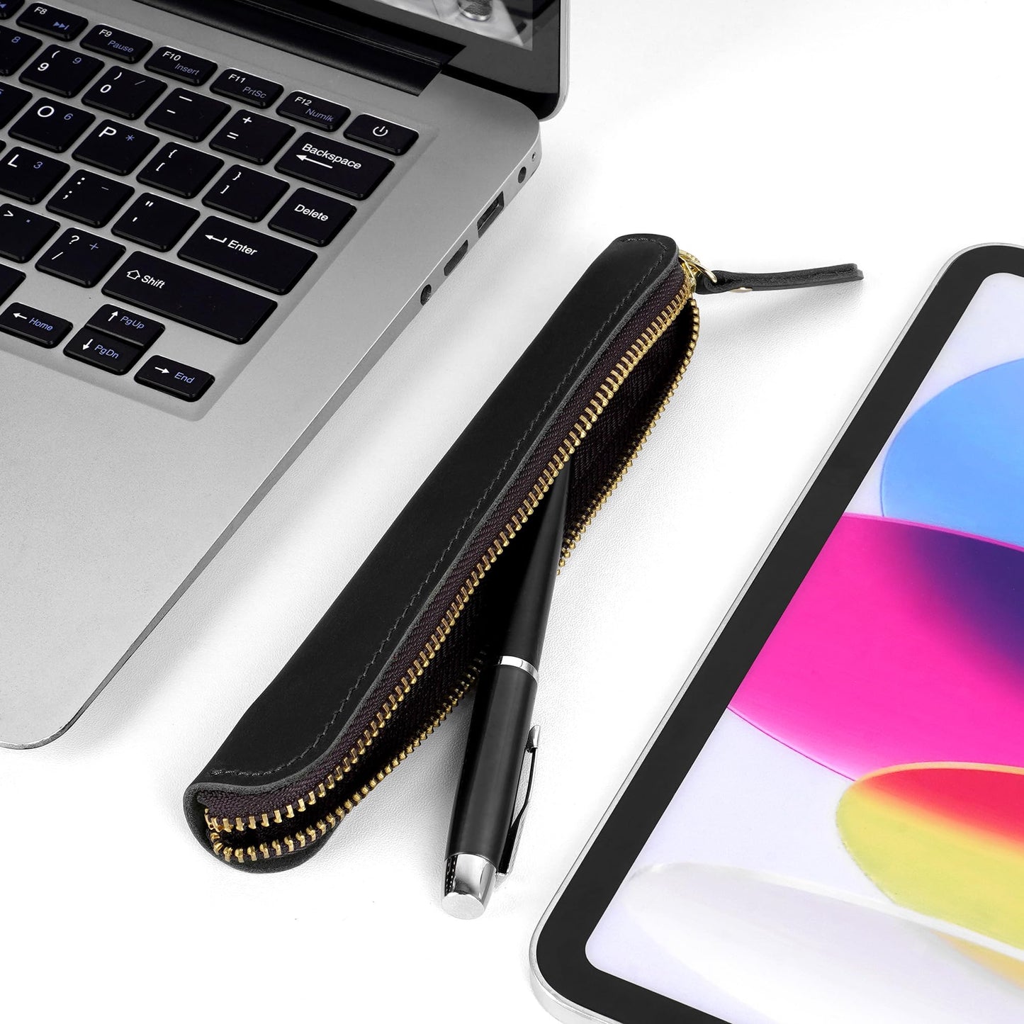 JANKINGS Crazy Horse Leather Zipper Pen Pouch Handmade, Single Pen Case Fountain Pen Sleeve Holder Pouch Cover Vintage, Mini Pencil Bag (Black)