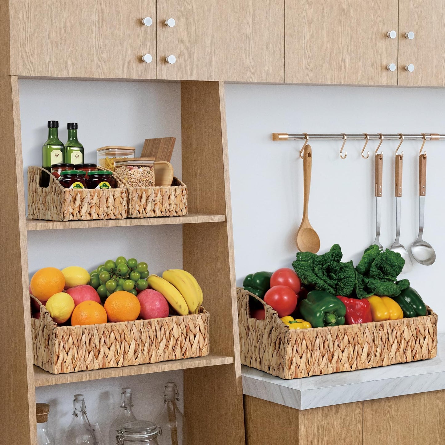 Ollieroo Rattan Storage Baskets, Handwoven Wicker Storage Bins with Built-in Handles, Storage Container Baskets for Shelves, Bedroom, Bathroom, Laundry Room or Kitchen(Natural)