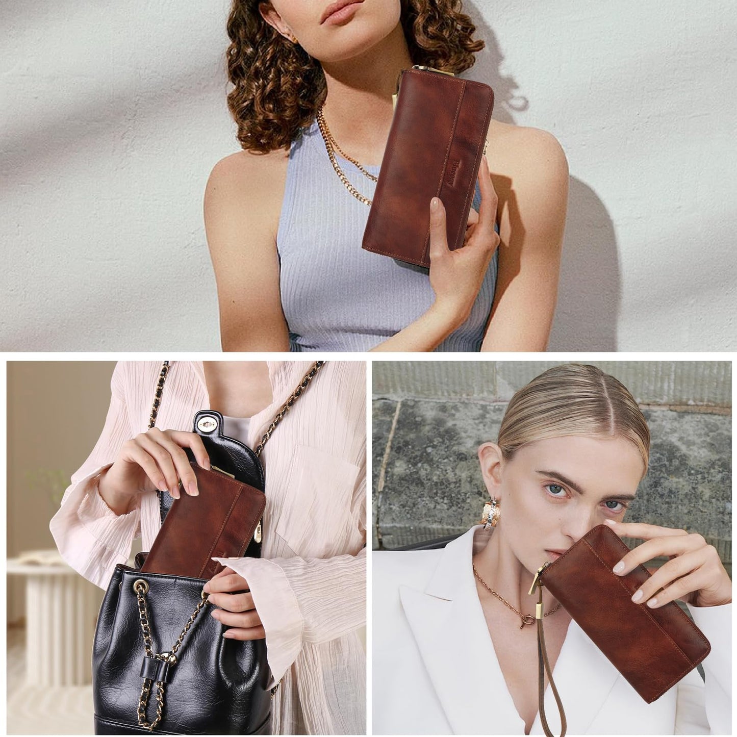 Blucoay Leather Wallet Women Wristlet RFID Blocking Large Capacity Long Wallet For Women Card Holder With Zip Coin Pocket(darkbrown)