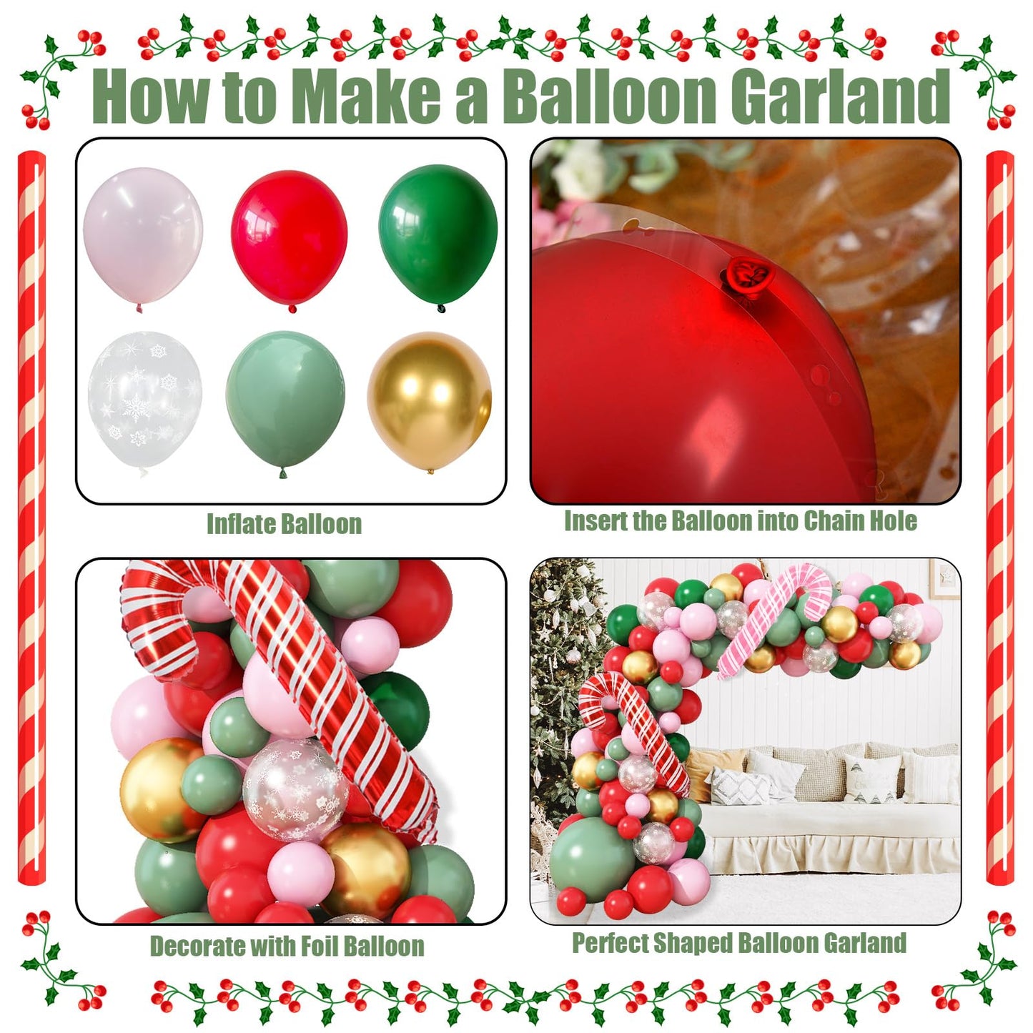 Christmas Balloon Garland Arch kit for Girls, Dark Sage Green Pink Red Gold Snowflake Xmas Balloon Arch with Red Pink Candy Cane Foil Balloons Set for Women New Year Holiday Birthday Party Decorations