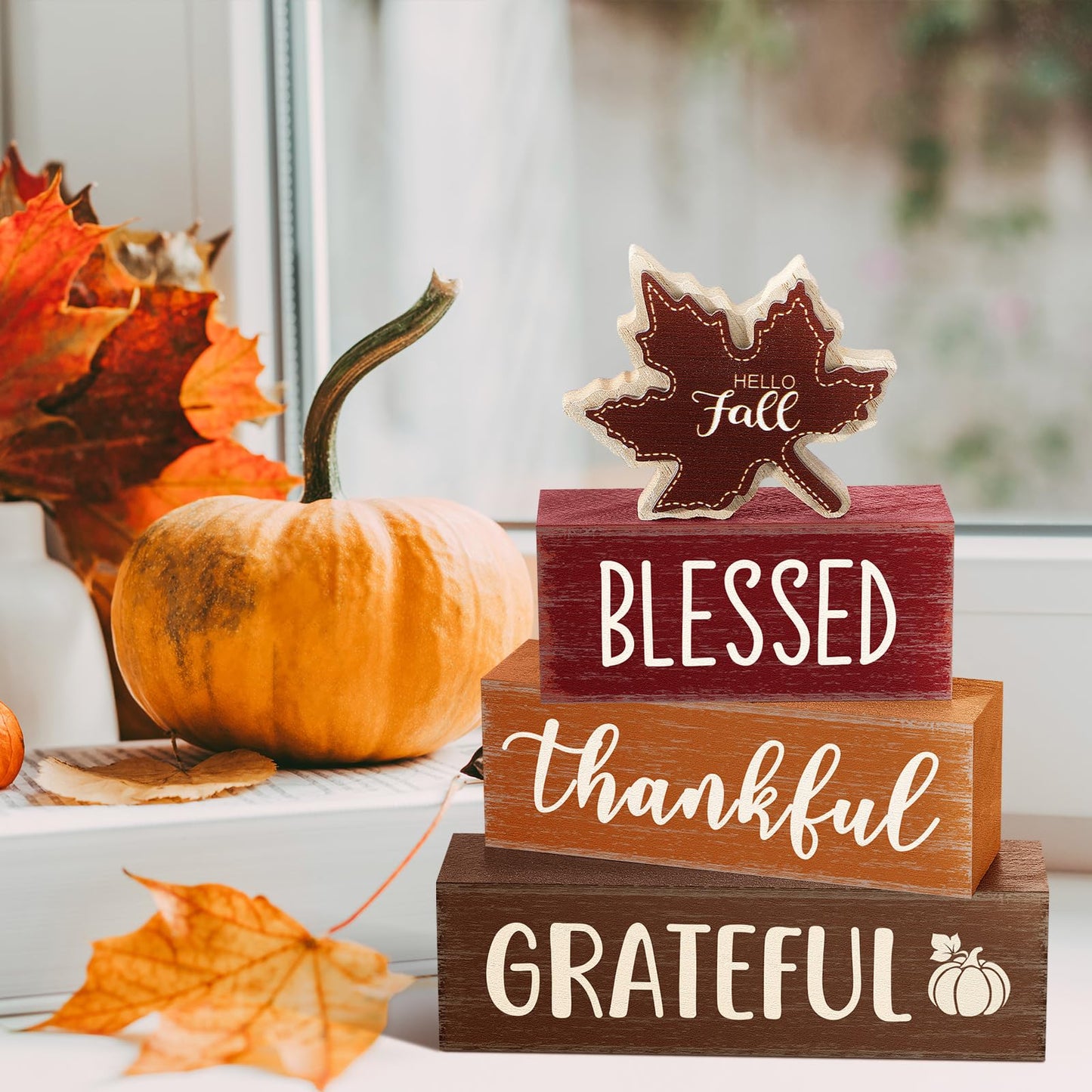 Yousoontic 4 Pcs Hello Fall Wooden Table Decorations Maple Leaf Autumn Rustic Block Signs Centerpiece Tiered Tray Decor Thanksgiving Wood Farmhouse Tabletop Decor Gift for Kitchen Entryway Home Desk