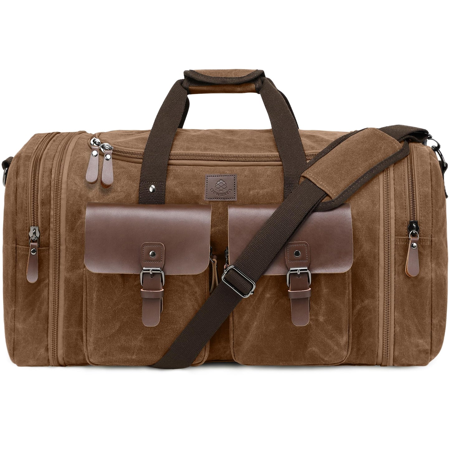 Densata Waxed Canvas Duffle Bag for Men 50L Travel Duffel Bags Expandable Genuine Leather Duffel Overnight Weekender Carry On Bag Two Zipper Pockets Travel Bag (Vintage Dark Brown, Large-50L)