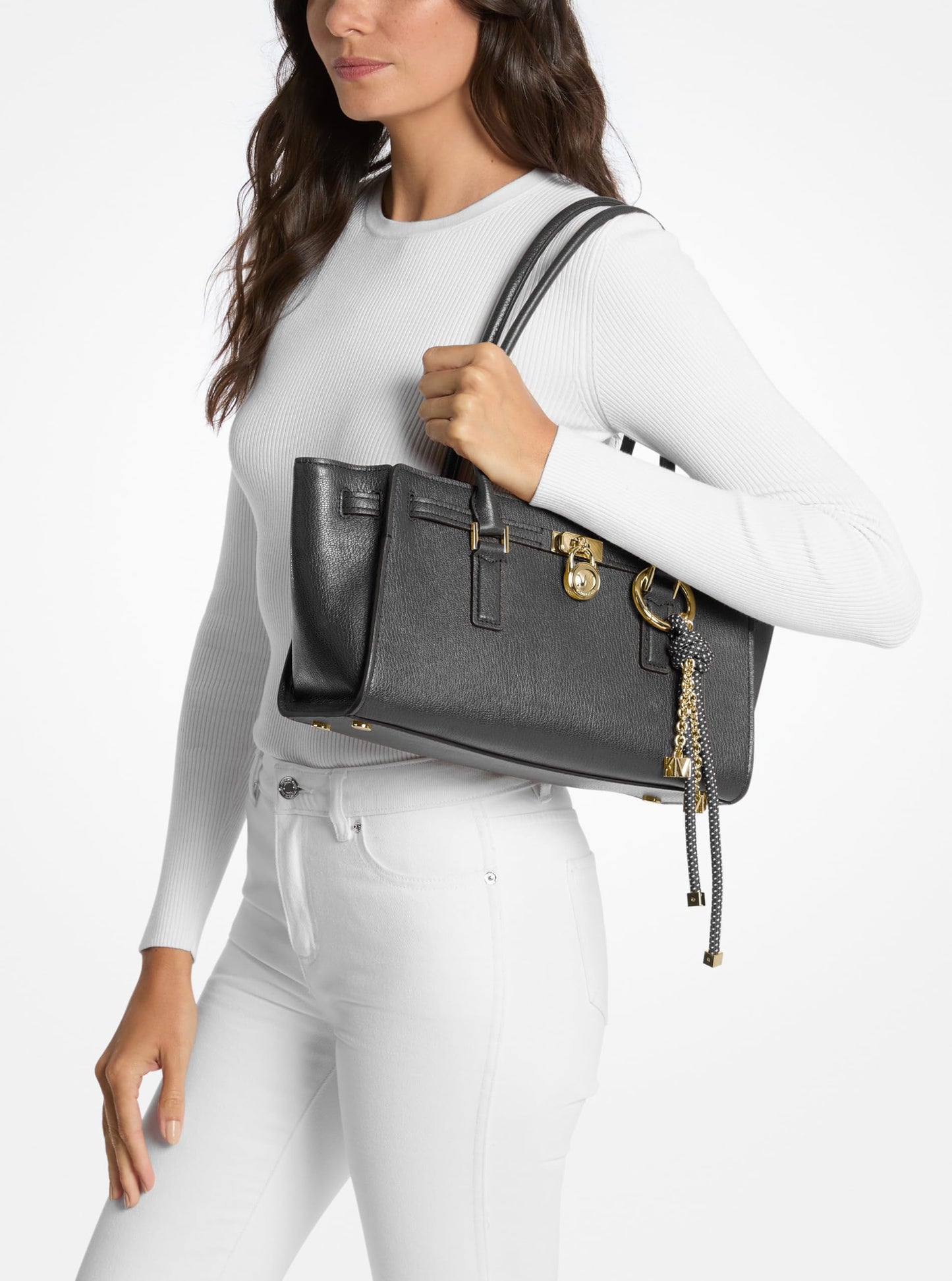 Michael Kors Hamilton Small Shoulder Tote with Charm, Gold-Tone Hardware/Urbino Leather/Black