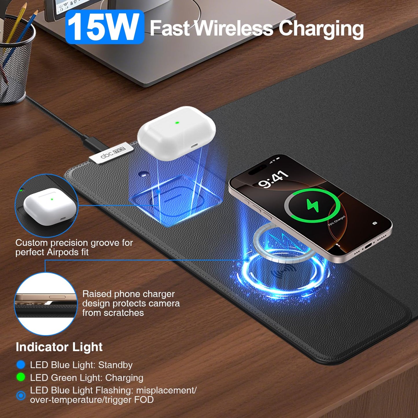 Magnetic Wireless Charging Mouse Pad, 27.5"x11.8" Gaming Desk Mat with Superior Stitched Edges, Non-Slip Base, Waterproof Smooth Desk Writing Pad for Gamer, Office & Home, Black