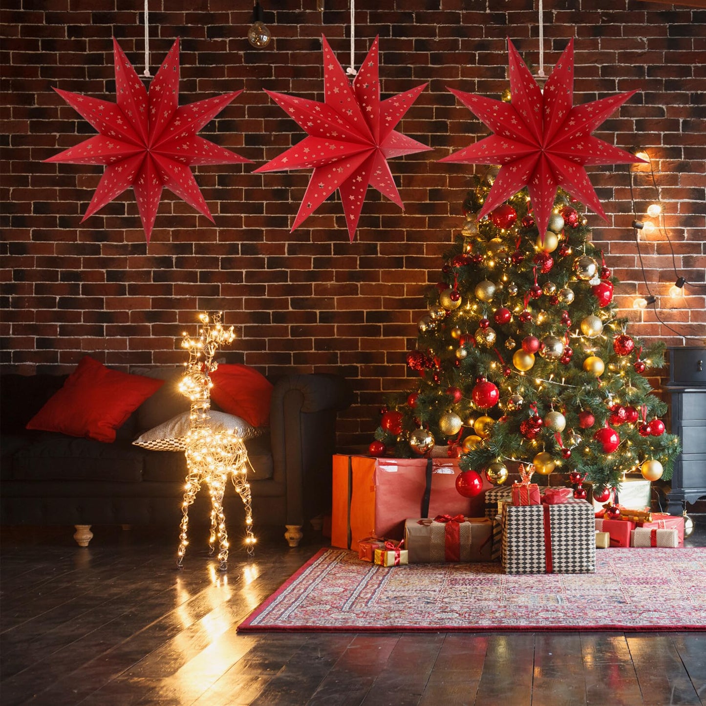 3Pcs Paper Star Lantern Lampshade 9 Pointed Star Hanging Decorations for Christmas New Year Wedding Party Holiday Birthday, Red
