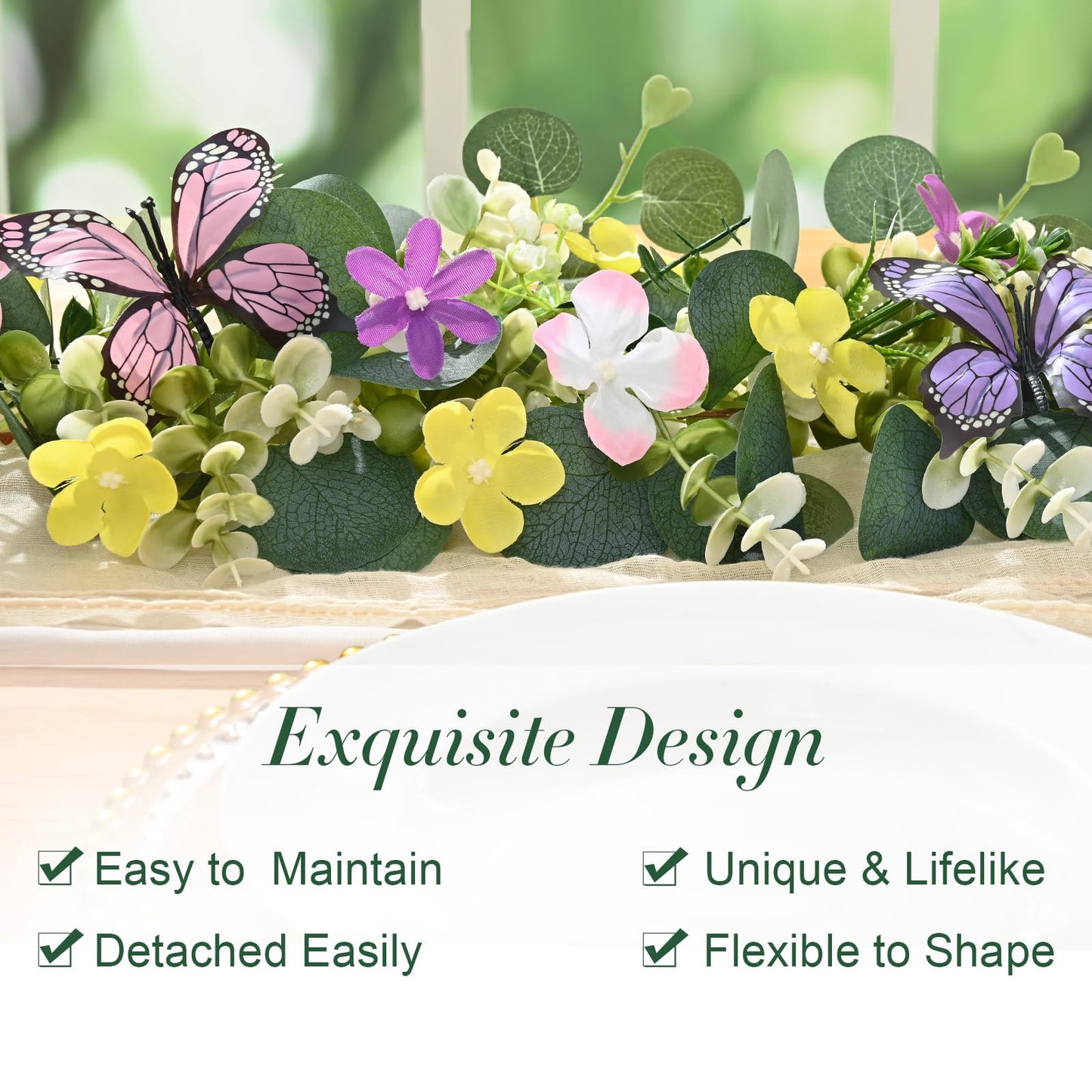 Waipfaru 2Pcs Eucalyptus Garland with Daisy 3D Butterfly, Green Garland with Flowers, 5.9FT Artificial Faux Eucalyptus Leaves Vines for Table Mantle Home Wedding Party Indoor Outdoor Decor