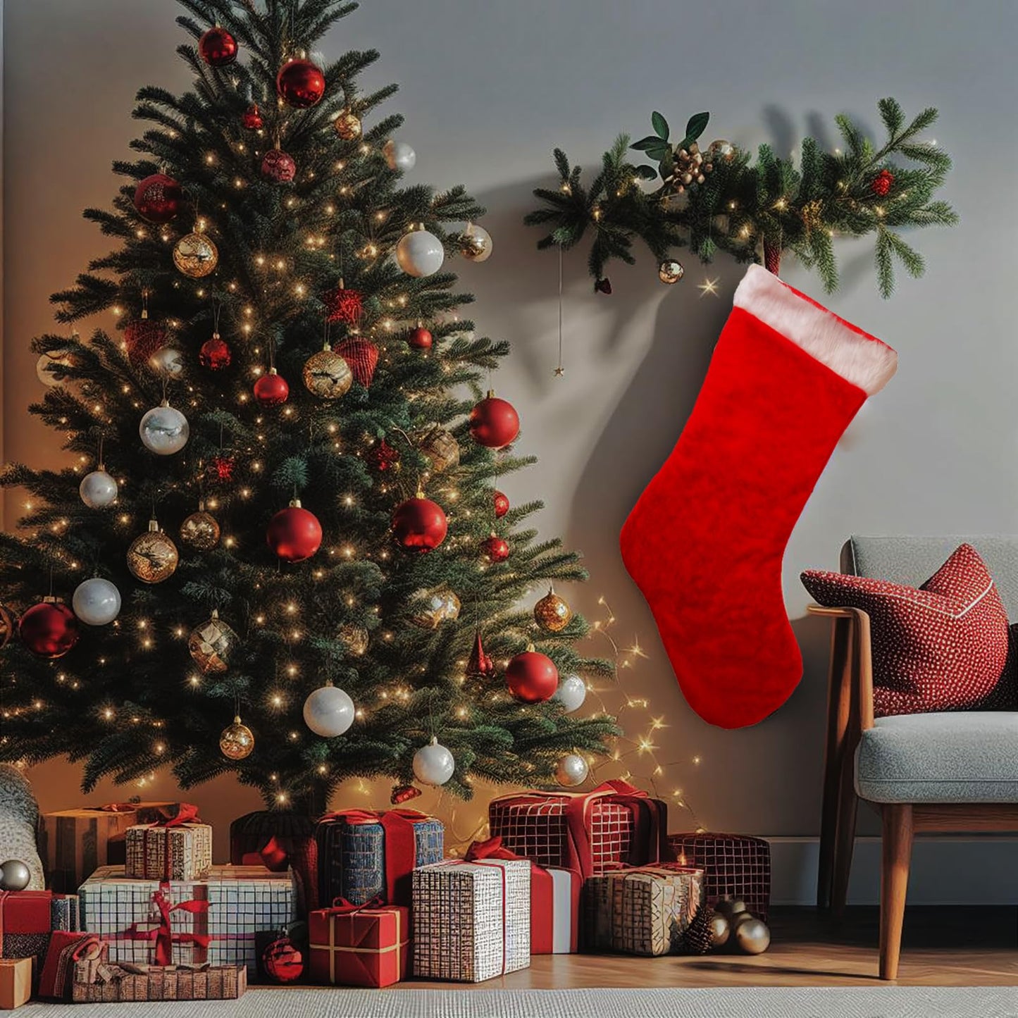 MSYO Giant Christmas Stocking - Super Soft Velvet Buffalo Plaid with Plush Cuff, Extra Large Xmas Stocking for Fireplace, Stairs, Mantel - Festive Holiday Home Decor for Christmas Tree(Red)