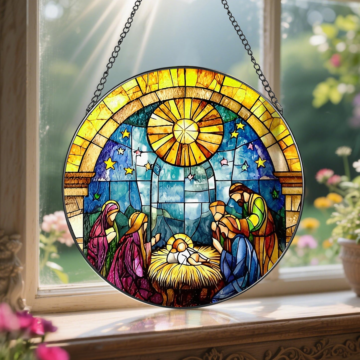 LAOWEIKI 8'' Stained Glass Window Hanging, Nativity Scene Ornament, Christian Christmas Ornament, Holy Family Decoration, Religious Decor, Gift for Christmas, Religious Gifts, Christian Gifts