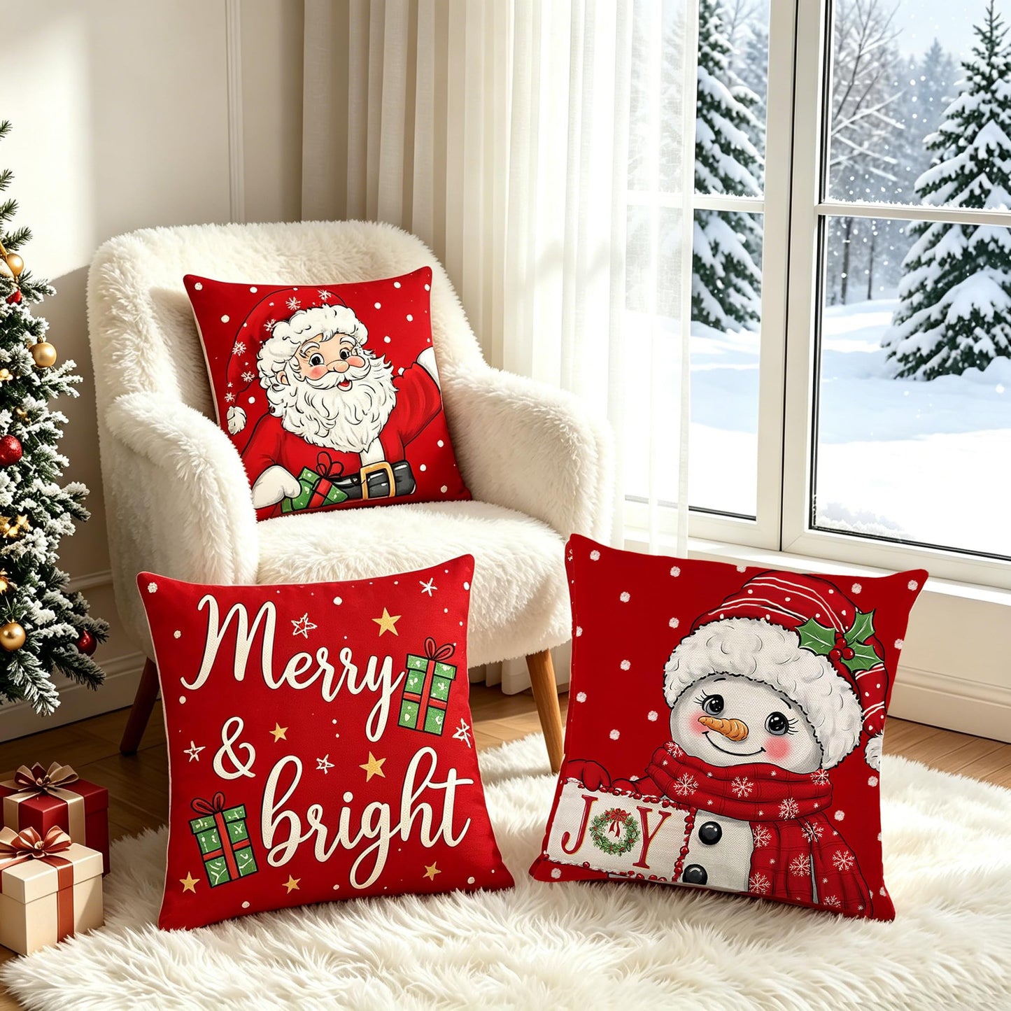 Ni-JASW Red Christmas Throw Pillow Covers 18x18 inch Set of 4, Old Fashioned Santa Snowman Merry Christmas Cushion Covers for Couch Sofa Holiday Decor