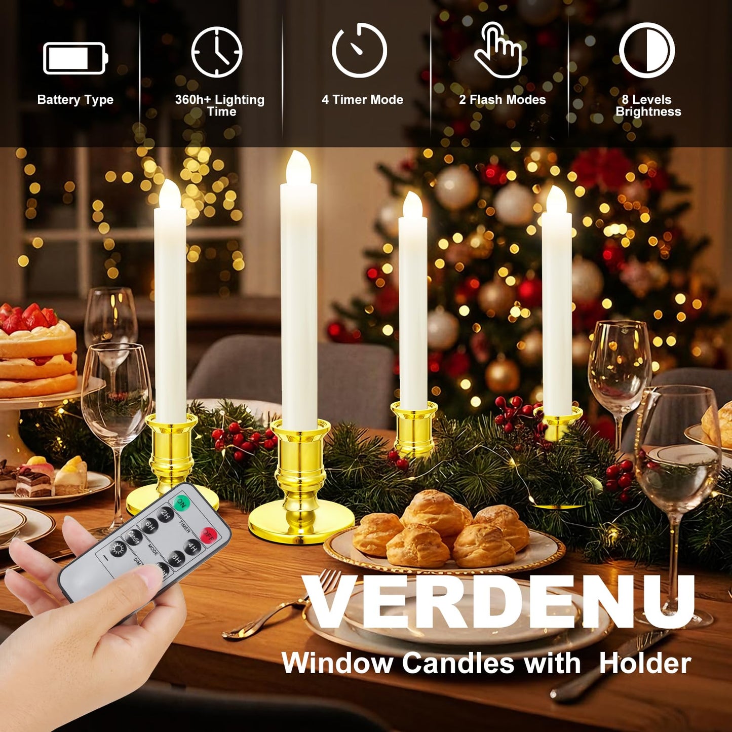 Verdenu 10 Pack Christmas Window Candles, Battery Operated Window Candles with Remote Timer, Electric LED Flameless Candle with Holders/Suction Cups for Window Decor, Gold