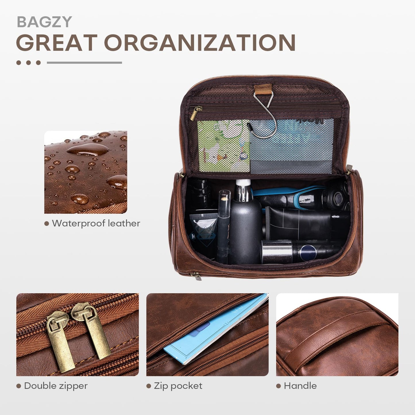 BAGZY Travel Toiletry Bag for Men, Hanging Hygiene Bag EDC Pouches Small Dopp Kit Water-resistant Mens Shaving Kit Bags PU Leather Toiletry Organizer for Travel Weekend Fitness Hospital Brown