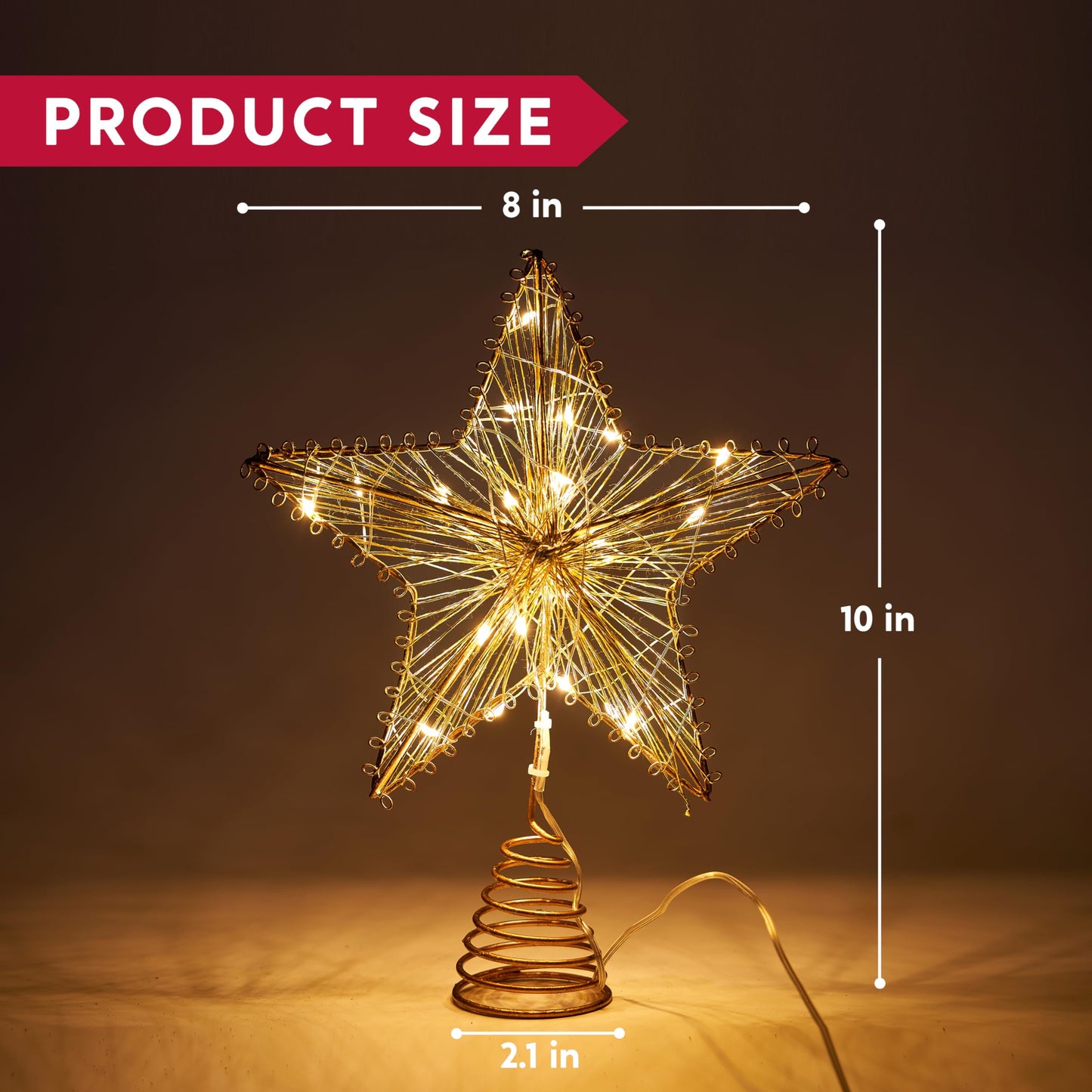 Joiedomi Christmas Tree Toppers 8" Gold Metal Star Decor with Battery Powered Treetop Ornaments with Warm White LED Lights for Xmas Holiday Party Indoor Decorations