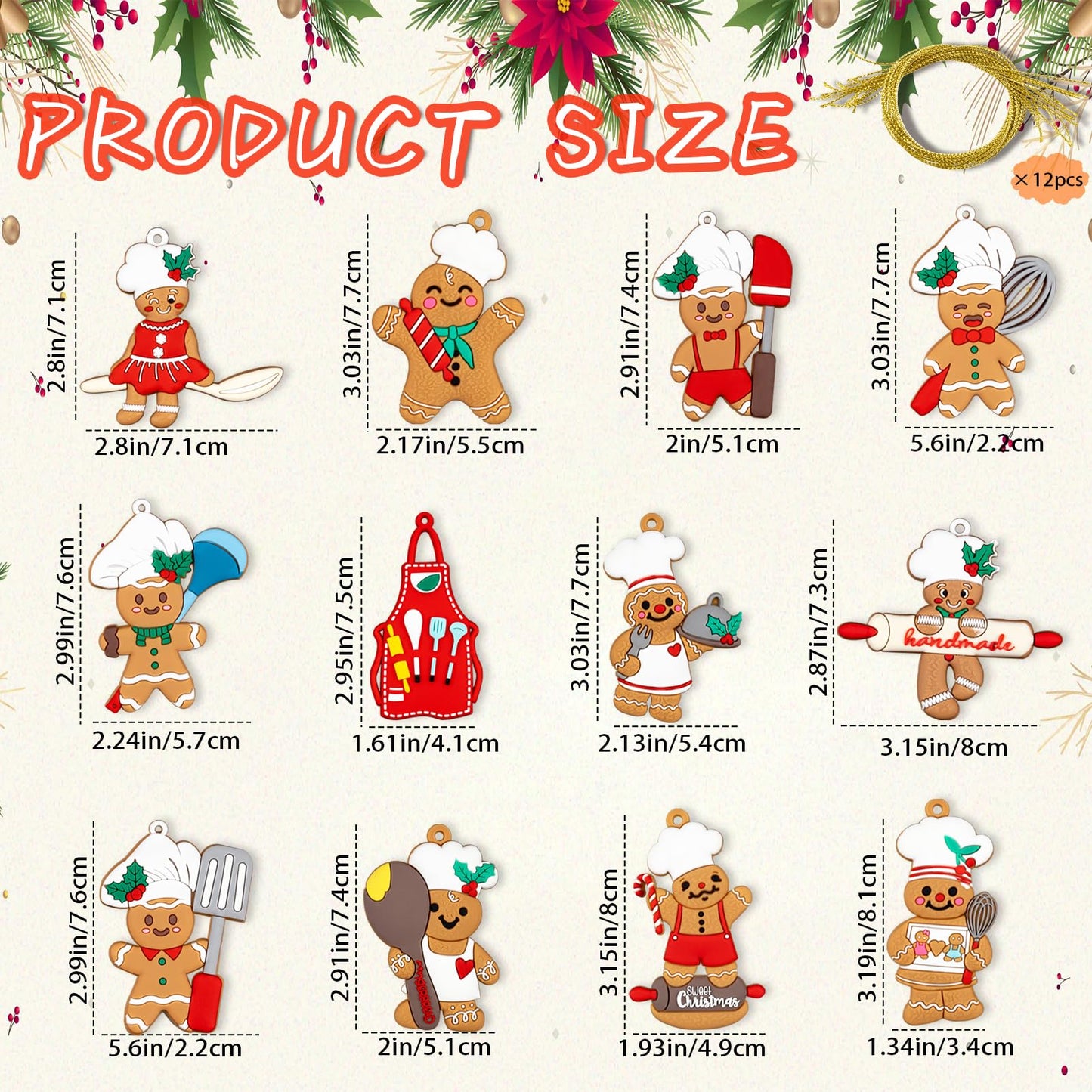 12pcs Gingerbread Christmas Decoration for Tree - Cooking Gingerbread Man Ornaments Christmas Hanging Decor for Xmas Tree Home Kitchen Decor Party Supplies