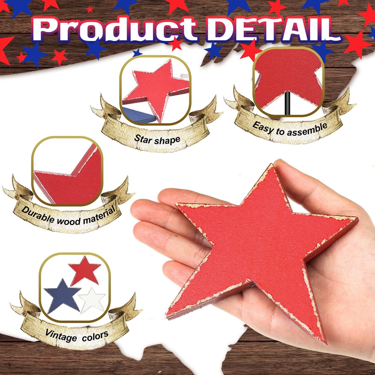 DoubleFill 3 Pcs 4th of July Patriotic Star Decorations 250th Anniversary Memorial Day Table Decoration Red Blue White Star Sign Standing Independence Day Tabletop Centerpieces for Home Office Decor