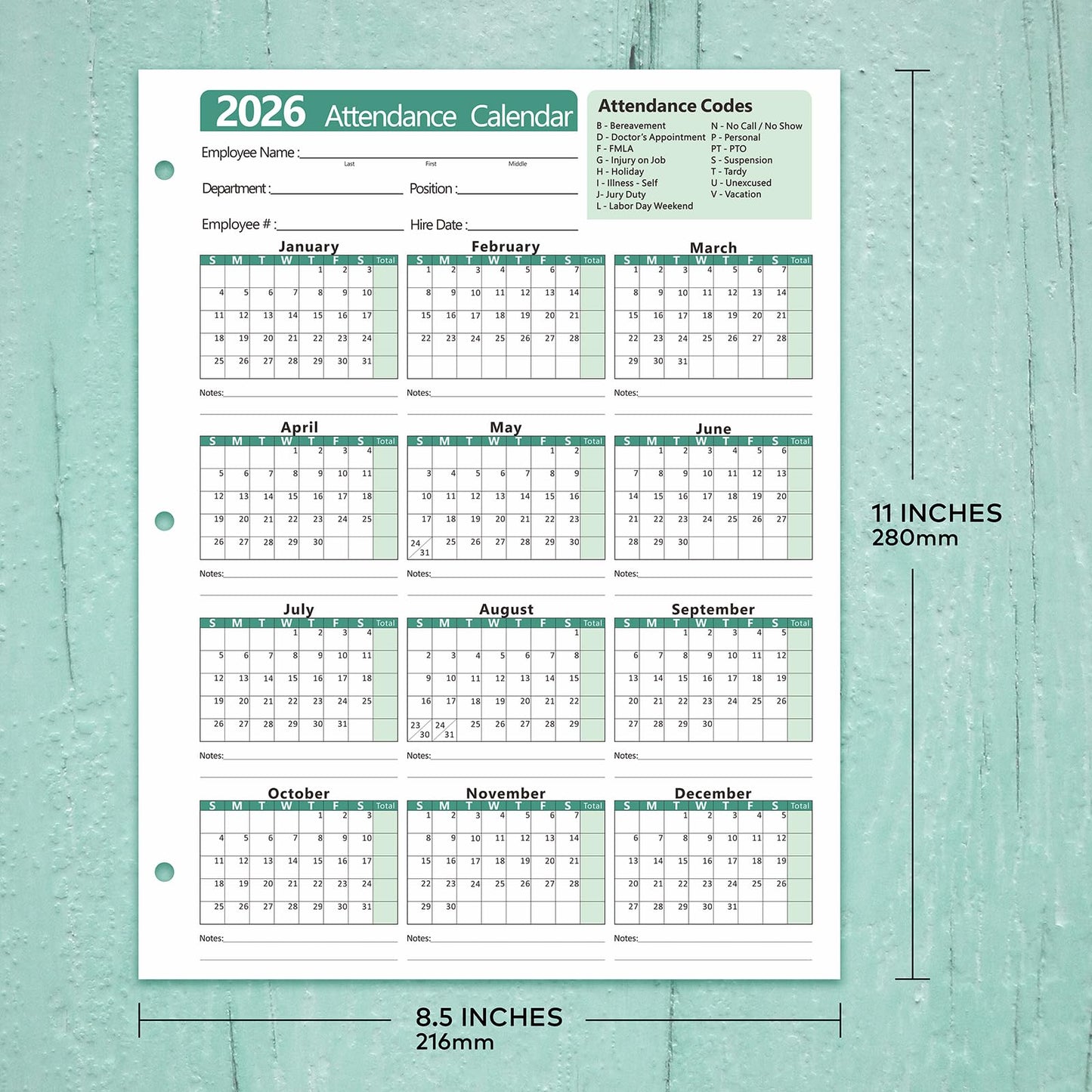 VistaRise 2026 Attendance Calendar, Employee Work Tracker Attendance Calendar cards - 3-Hole Punched for Binder, Cardstock, 8.5 x 11 in (Letter Size), Pack of 25 Sheets, Green