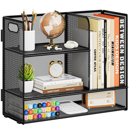 Marbrasse 3-Tier Desk Shelf Organizer with Handle, Desktop Bookshelf File Holder, Mesh Display Shelf Organizer Storage Rack for Office, Home, Supplies, Kitchen (Black)