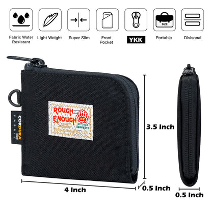 Rough Enough Small Coin Purse Card Wallet Pouch with Zipper Neck Lanyard Keychain for Men Women Teen Boys Black Cordura