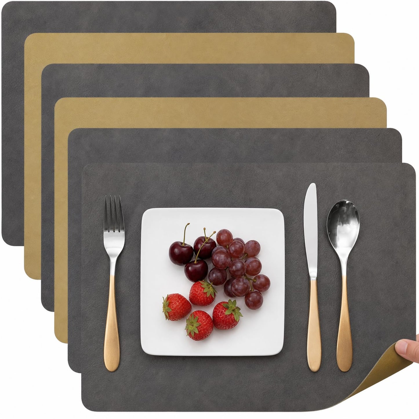 ZEUMIE Reversible PU Leather Placemats Set of 6, Double-Sided Waterproof Heat-Resistant Table Mats, Non-Slip Washable Dining Placemats for Kitchen, Restaurant, Party (Dark brown & yellow, 17.5"x11.8")