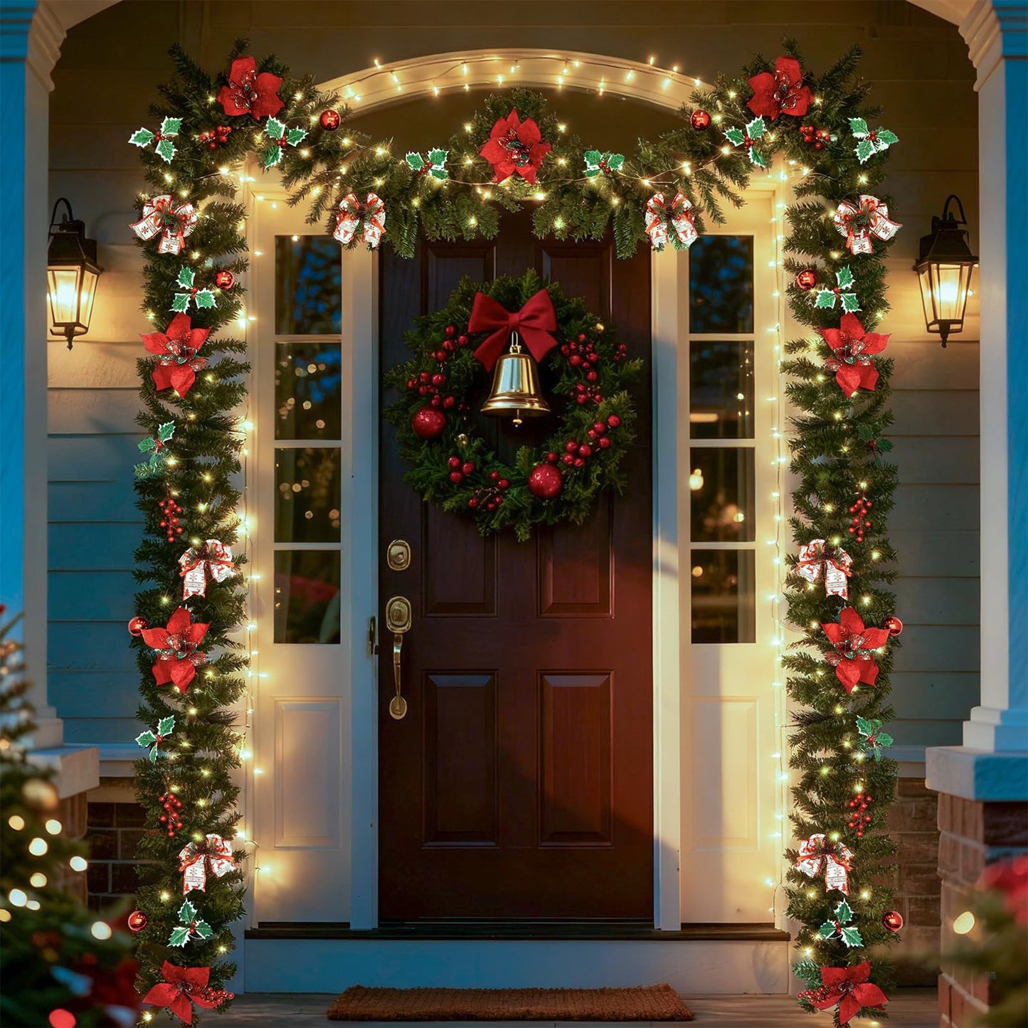 9 FT Christmas Garland with String Light (Individually Packaged), Red Berries, Pinecones, Three-Leafed Berry, Unique Red Flower and Bowknot, Perfect for Decorating Mantel, Staircase, Doorway