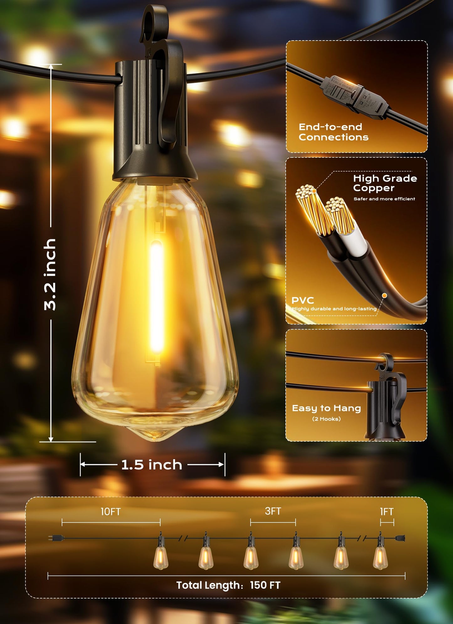 Brightown Outdoor String Lights, 150FT 47+2 LED ST38 LED Patio Lights Shatterproof, Dimmable IP65 Waterproof Connectable Hanging Outdoor Light for Backyard, Porch, Deck, Balcony