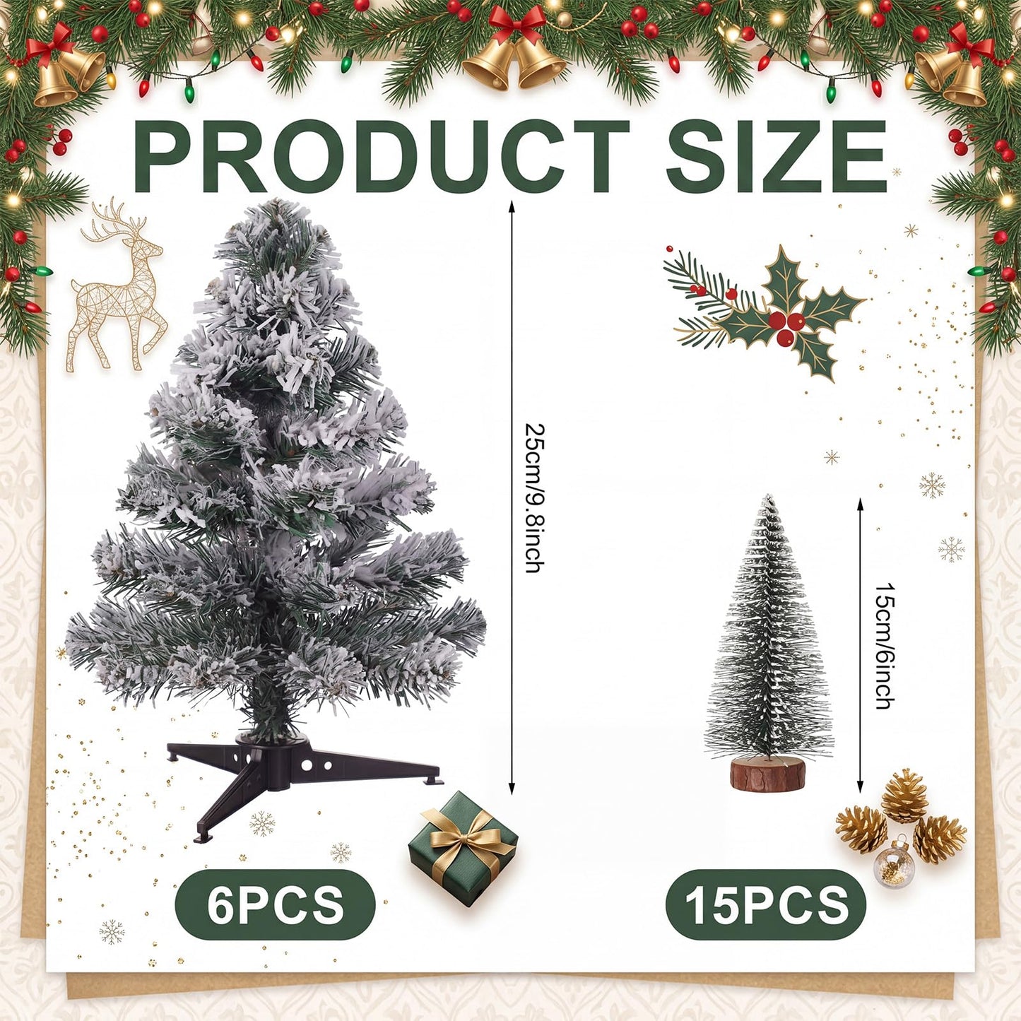 Sanwuta 21 Pcs Above The Cabinet Christmas Tree Decor 6 Flocked Snowy Trees 15 Mini Snowy Brush Trees Over The Cabinet Decorations Winter Xmas Tree for Mantel Bookshelf Table Indoor Kitchen Decor