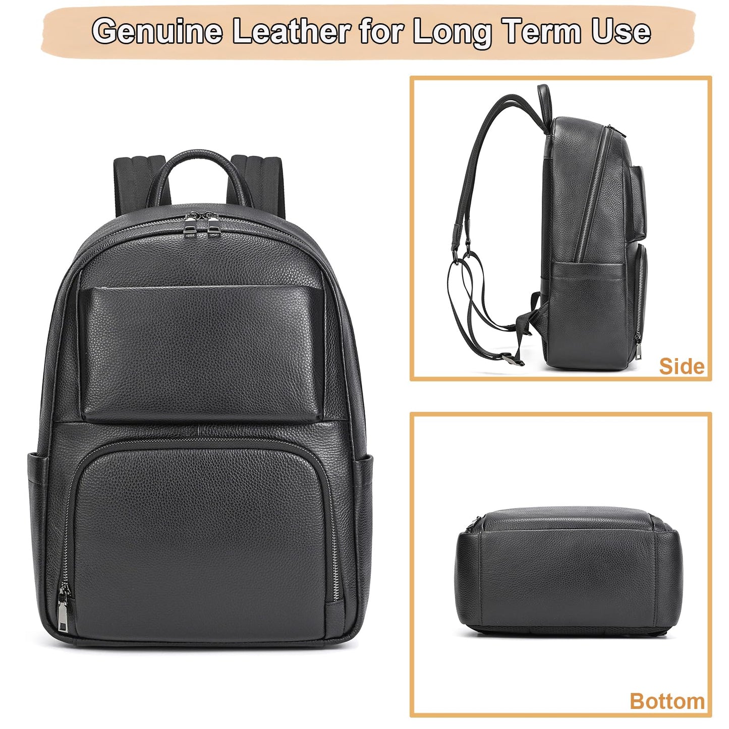 Yevabo Genuine Leather 15.6 Inch Laptop Backpack for Men, Multi Pocket Casual Daypack Shoulder Bag for Business Travel Outdoor, Black