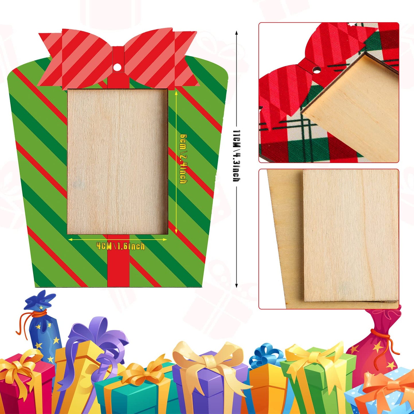 Blulu 16 Pieces Christmas Picture Frame Ornaments for Tree Christmas Hanging Photo Frame Ornaments Red and White and Green Present Box for Tree Party Decorations