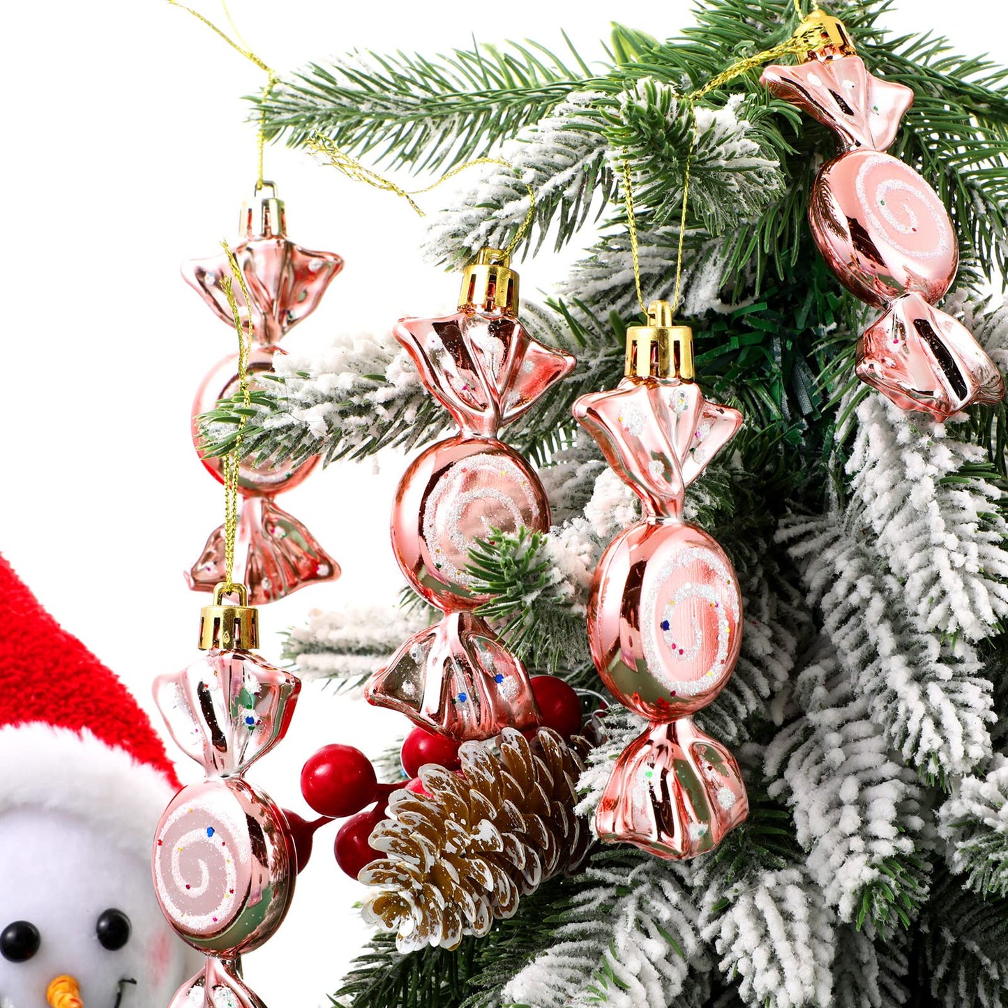 Threan 12 Pcs Christmas Candy Ornaments for Tree Decoration Hanging Glitter Candy Cane Christmas Peppermint Ornament with Golden Rope for Xmas Holiday Decoration(Rose Gold,Plastic)