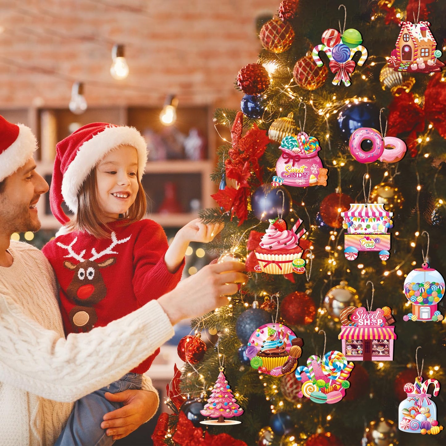 Qpout 36Pcs Candy Christmas Ornaments,Sweet Wooden Candyland Christmas Cane Cake Lollipop Hanging Decor for Xmas Tree Home Holiday Party Decorations Supplies