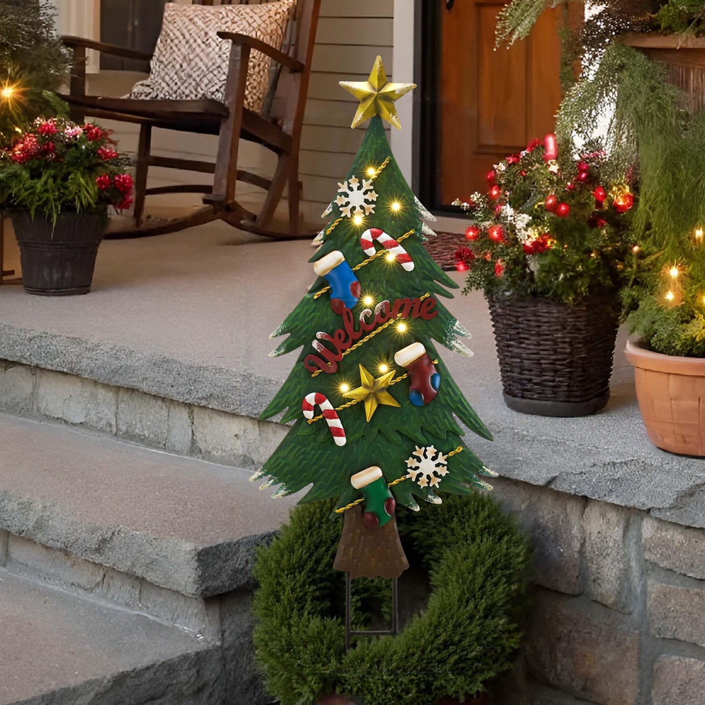TERESA'S COLLECTIONS Christmas Garden Stake, Metal Outdoor Christmas Tree Decorations for Home, Welcome Sign with Solar Light, Green Waterproof Decoraions for Yard, Party Gifts,31"
