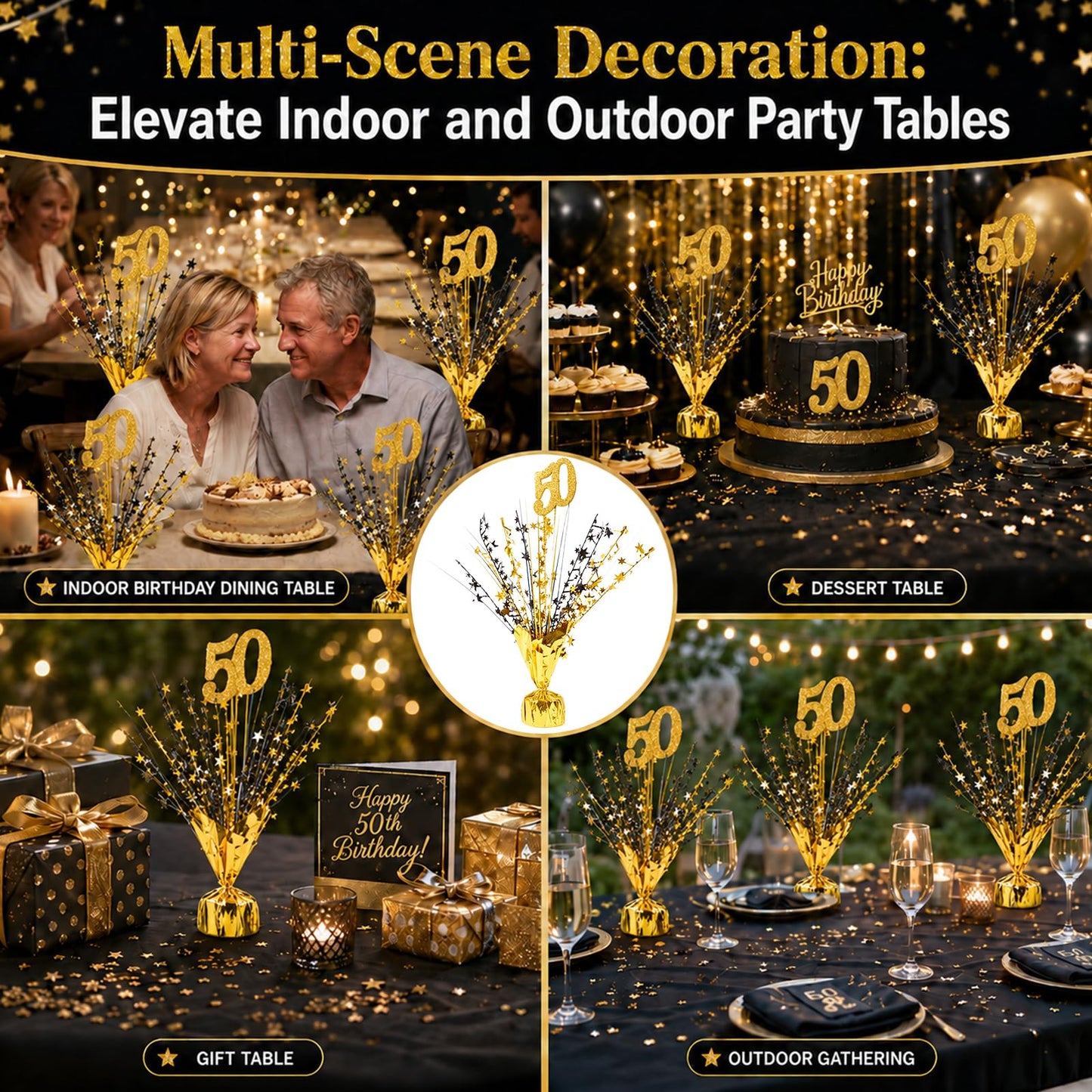 APUDWN 6 Pcs 50th Black and Gold Birthday Table Decorations Metallic Foil Spray Table Centerpiece Black Gold Number Star Burst Centerpiece for Birthday Wedding Anniversary Reunion Party Decor
