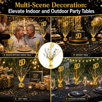 APUDWN 6 Pcs 50th Black and Gold Birthday Table Decorations Metallic Foil Spray Table Centerpiece Black Gold Number Star Burst Centerpiece for Birthday Wedding Anniversary Reunion Party Decor