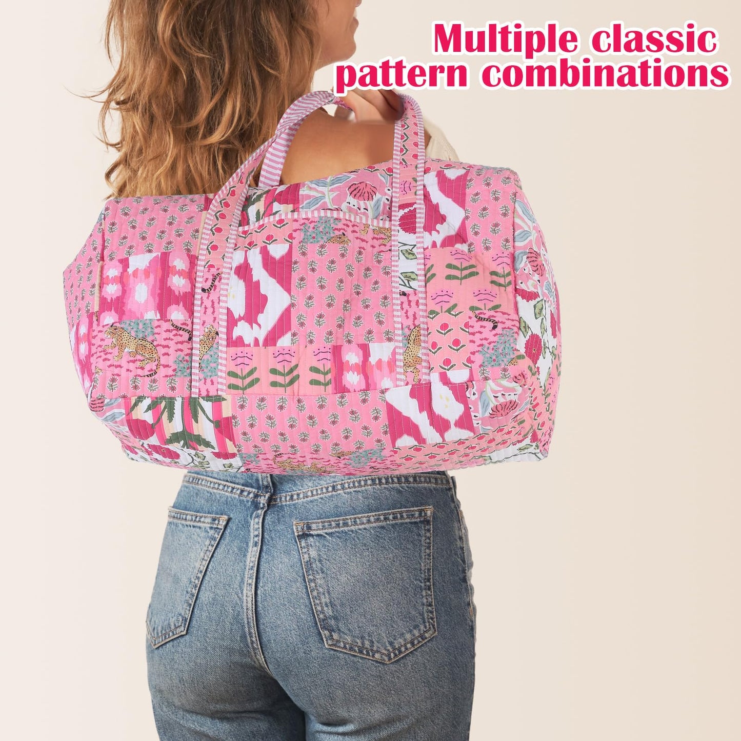 SilTriangle Large Cotton Patches Duffle Bags Block Print Quilted Fabric Weekender Bags for Women Holiday Gifts Handmade Colorful Travel Overnight Bag