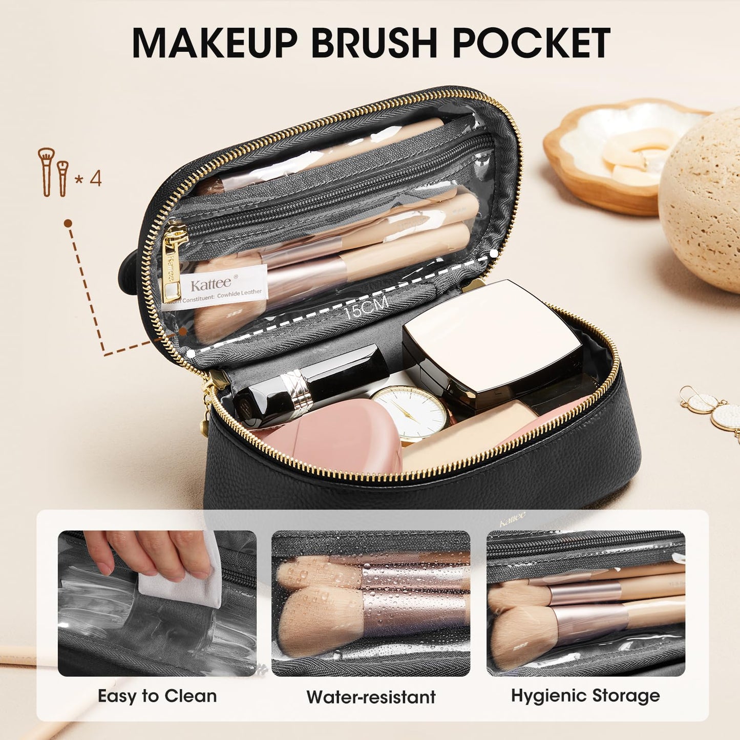 Kattee Makeup Bag for Women, Leather Cosmetic Bag, Working Makeup Bags for Ladies with Handles, Portable Travel Toiletry Bag,Black