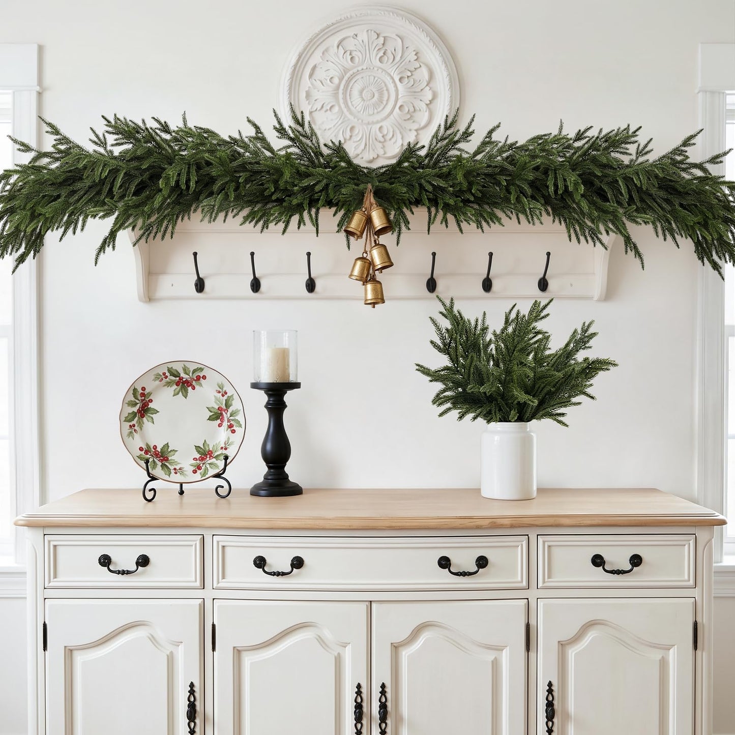 HOHOTIME 16 Pcs Christmas Norfolk Pine Branches, Real Touch Artificial Norfolk Pine Stems, Faux Evergreen Greenery Picks for Vase Fillers, DIY Garland Wreath Mantel Christmas Home Decor