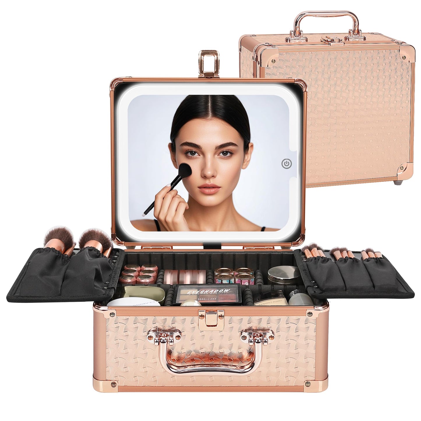 Relavel Makeup Bag with LED Mirror, Makeup Box Travel Train Case with Rechargeable Lighted Mirror, Cosmetic Brush Organizer Storage for Makeup Artists Gifts for Women and Girls, Rose Gold