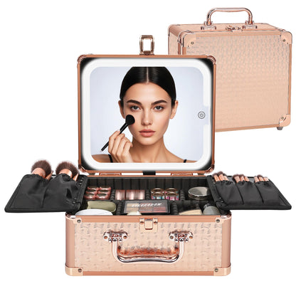 Relavel Makeup Bag with LED Mirror, Makeup Box Travel Train Case with Rechargeable Lighted Mirror, Cosmetic Brush Organizer Storage for Makeup Artists Gifts for Women and Girls, Rose Gold