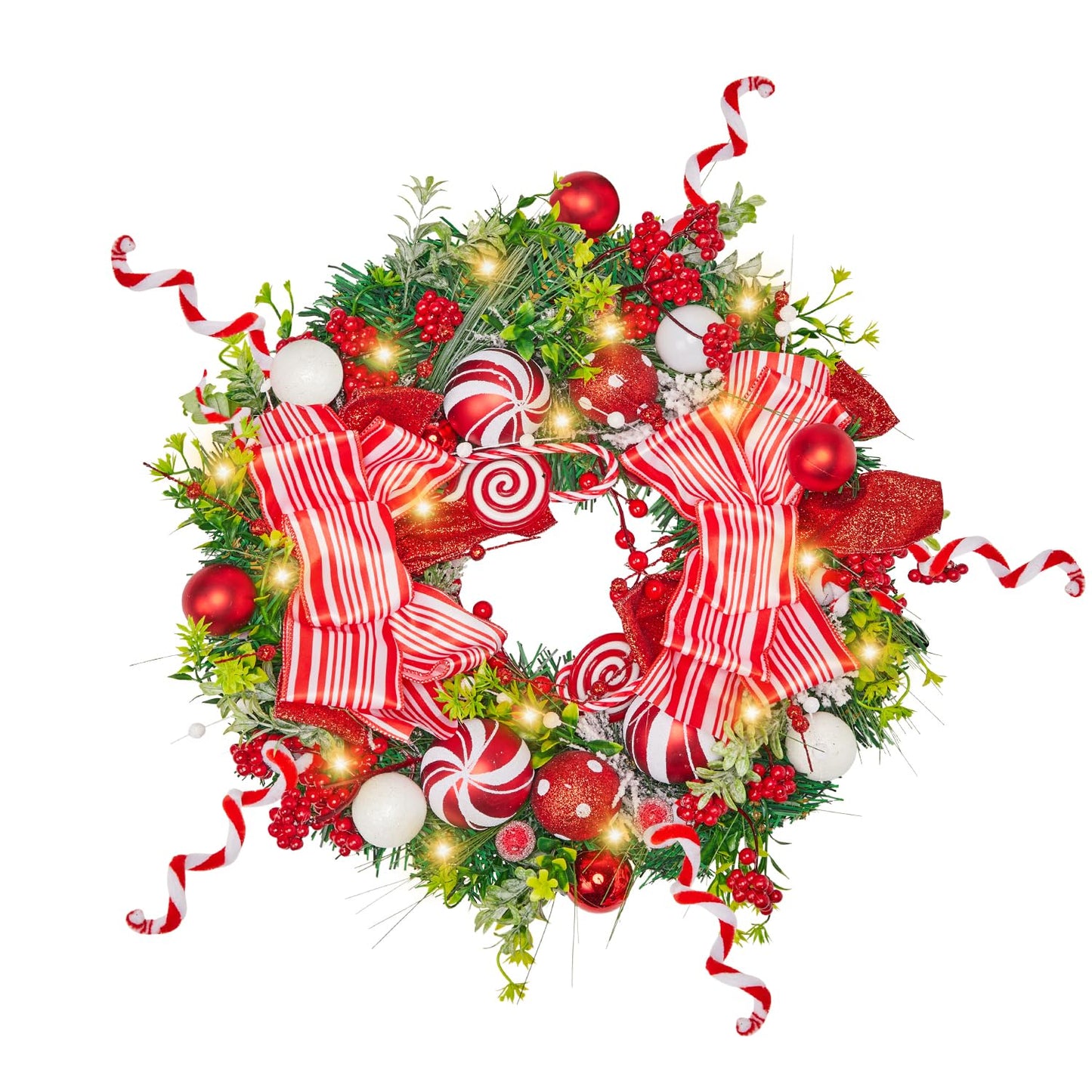 Christmas Wreath, 17-24 Inch Christmas Wreaths for Front Door with Lights Balls Red Bows Candy Canes Berries Pine Needles Greenery Wreath Xmas Decoration Ornaments Rustic Wall Porch Home Party Decor