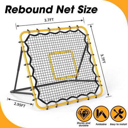 JIRTEMOT 3.7 x 3.7 FT Rebound Net, with Pitching Target for Soccer, Baseball and Volleyball, Adjustable Pitching Rebound Net, Yellow