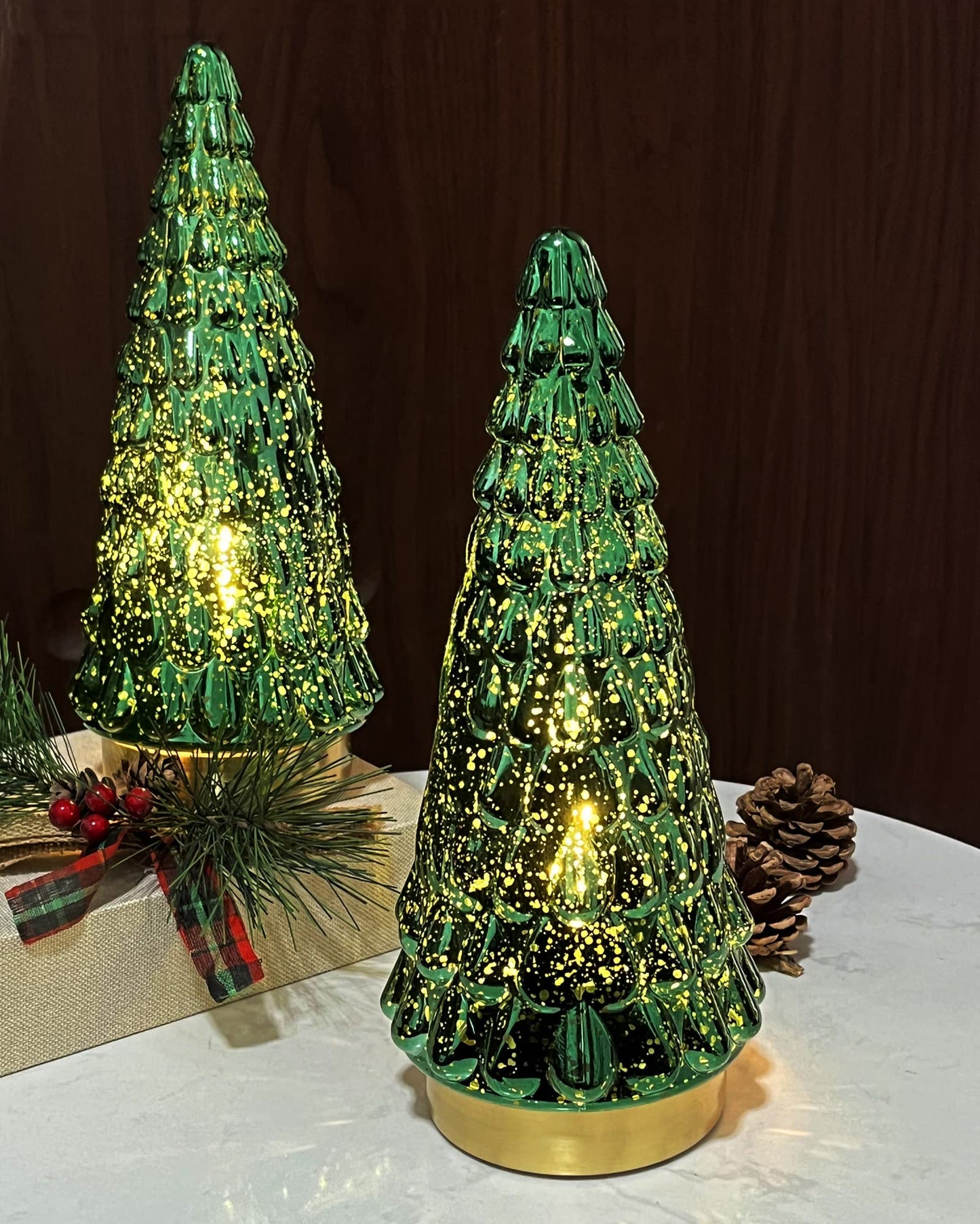 SHMILMH Mercury Glass Christmas Tree Green, Tabletop Christmas Tree with Light, Battery Operated Mini Xmas Tree for Fireplace Centerpiece Decorations 10", Set of 2