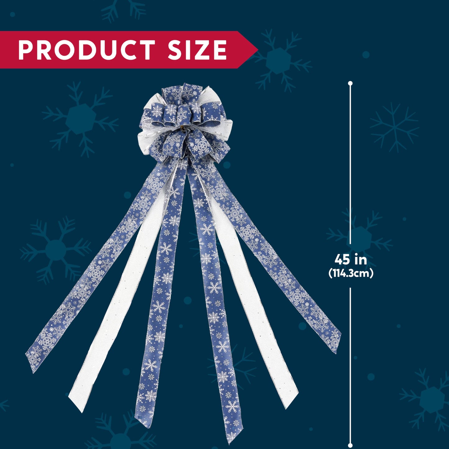 JOIEDOMI 45 Inch Christmas Tree Topper Wreath Bow, Blue and Silver Ribbon Ornaments with Snowflakes and Glitter, Large Gift Decor for Xmas Holiday Themed Decoration Home Parties Wedding